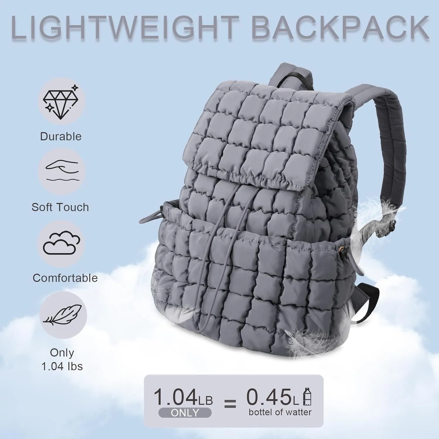IzuztA Quilted Puffer Backpack for Women, Lightweight Soft Nylon Quilted Hiker Pack Top Flap Drawstring Backpack, Trendy Puffy Padding Gym Travel Bag for Casual Daypack Hiking Sport (Grey)