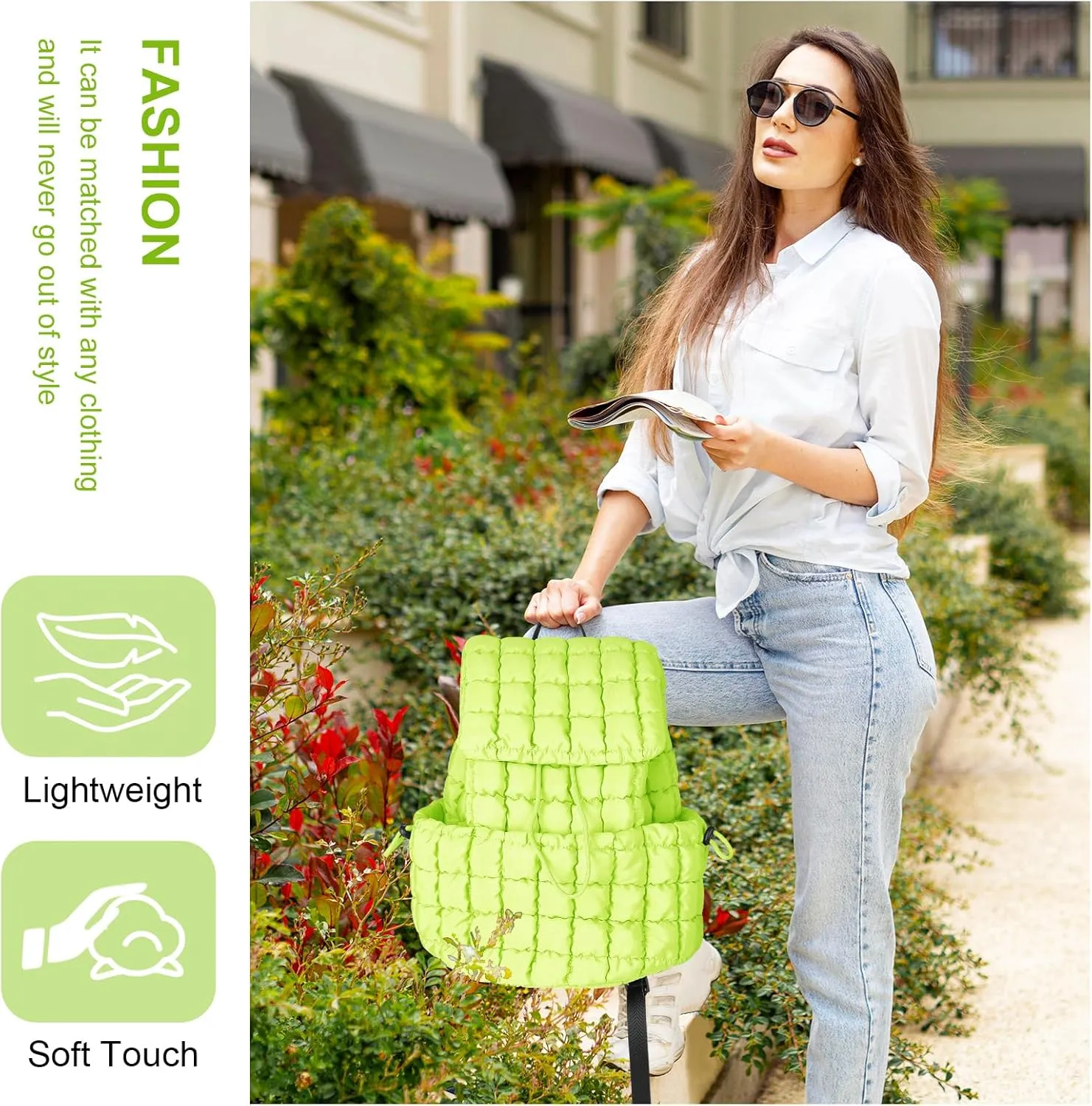 izuzta Quilted Puffer Backpack for Women, Lightweight Soft Nylon Quilted Hiker Pack, Trendy Puffy Padding Gym Backpack, Travel Bag for Casual Daypack Hiking (Light Green)