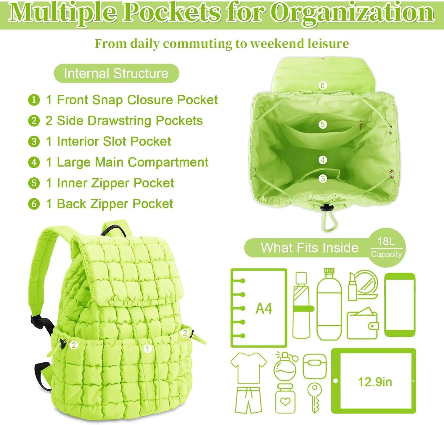 izuzta Quilted Puffer Backpack for Women, Lightweight Soft Nylon Quilted Hiker Pack, Trendy Puffy Padding Gym Backpack, Travel Bag for Casual Daypack Hiking (Light Green)