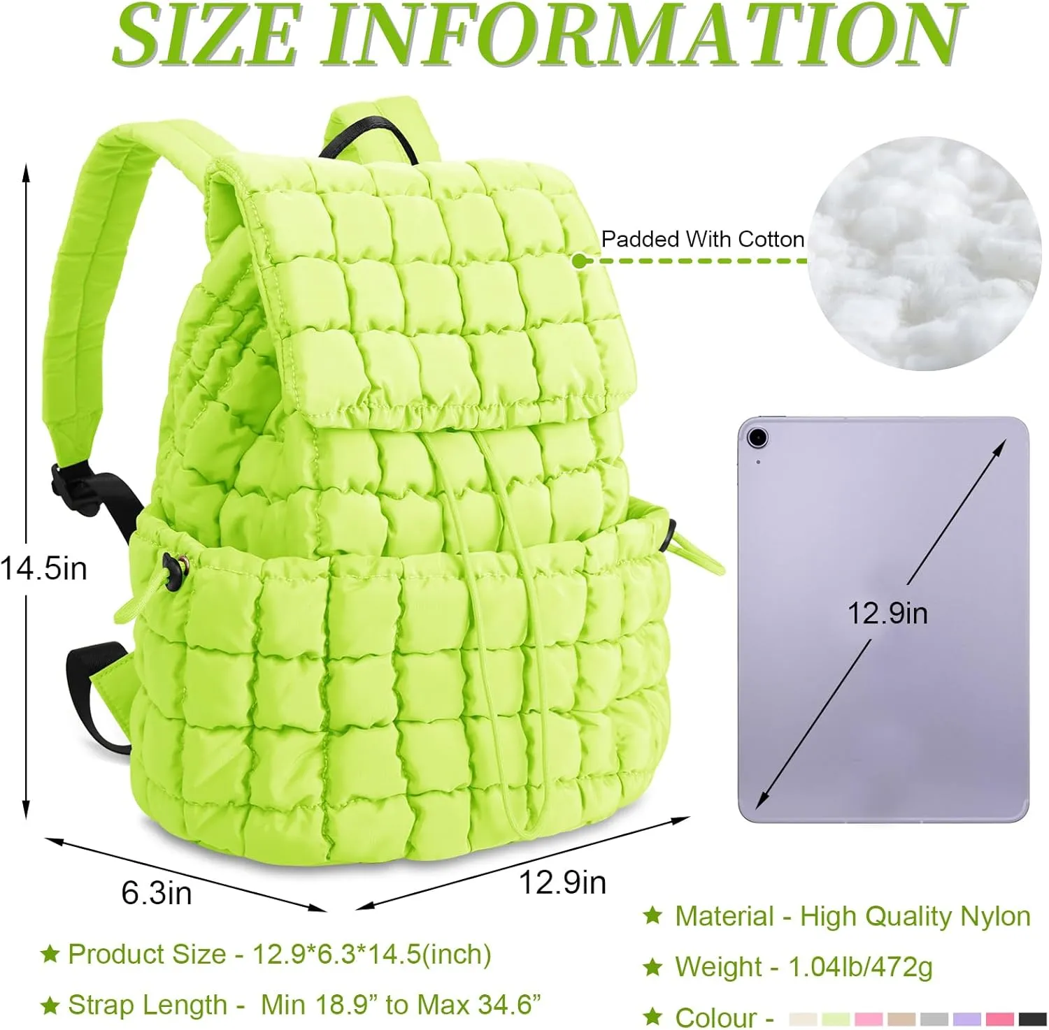 izuzta Quilted Puffer Backpack for Women, Lightweight Soft Nylon Quilted Hiker Pack, Trendy Puffy Padding Gym Backpack, Travel Bag for Casual Daypack Hiking (Light Green)
