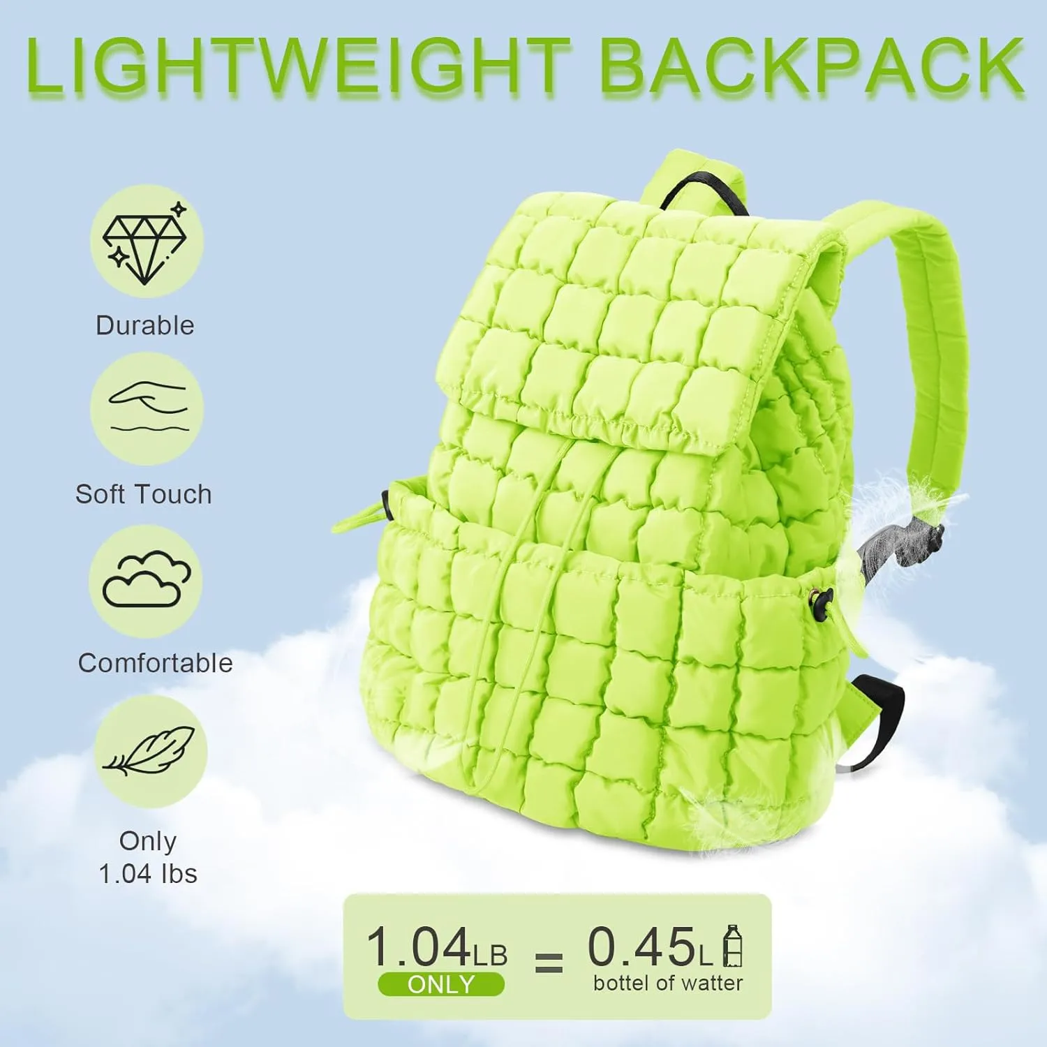 izuzta Quilted Puffer Backpack for Women, Lightweight Soft Nylon Quilted Hiker Pack, Trendy Puffy Padding Gym Backpack, Travel Bag for Casual Daypack Hiking (Light Green)