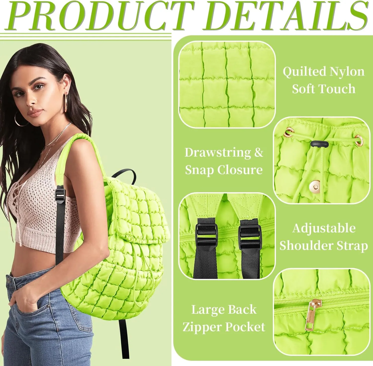 izuzta Quilted Puffer Backpack for Women, Lightweight Soft Nylon Quilted Hiker Pack, Trendy Puffy Padding Gym Backpack, Travel Bag for Casual Daypack Hiking (Light Green)