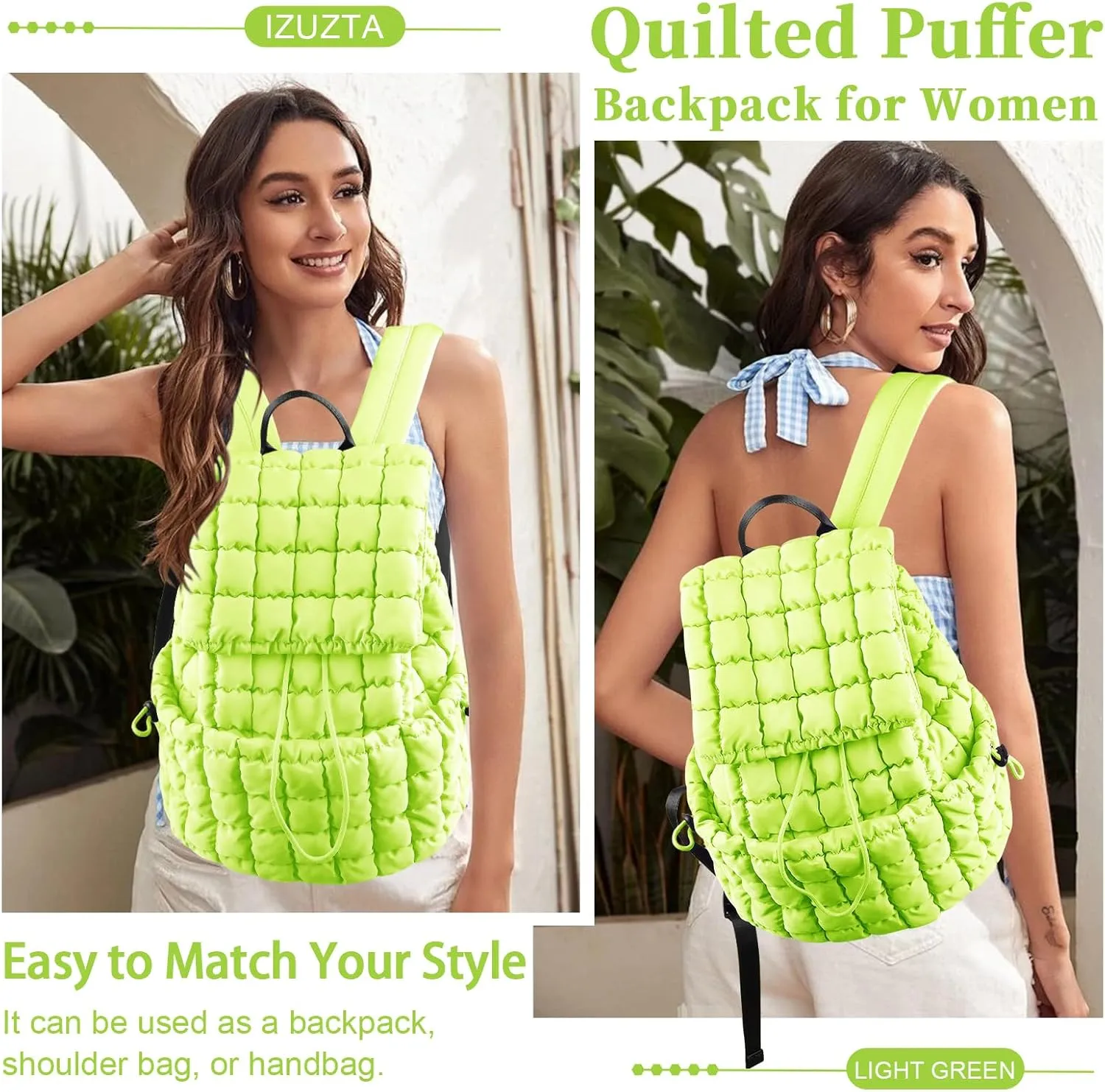izuzta Quilted Puffer Backpack for Women, Lightweight Soft Nylon Quilted Hiker Pack, Trendy Puffy Padding Gym Backpack, Travel Bag for Casual Daypack Hiking (Light Green)