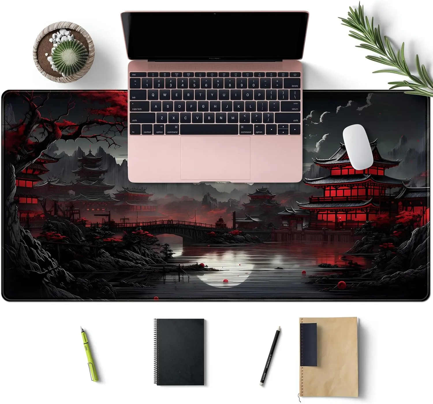 Japanese Desk Mat Riverside Full Moon Desk Pad Black Red Large Mouse Pad Gaming Mousepad Extended XXL Keyboard Pad 31.5 x 15.7 in Laptop Computer Mouse Keyboard Mat for Office Desk Decor