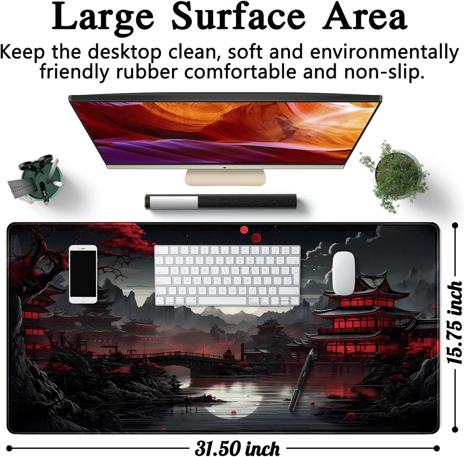Japanese Desk Mat Riverside Full Moon Desk Pad Black Red Large Mouse Pad Gaming Mousepad Extended XXL Keyboard Pad 31.5 x 15.7 in Laptop Computer Mouse Keyboard Mat for Office Desk Decor