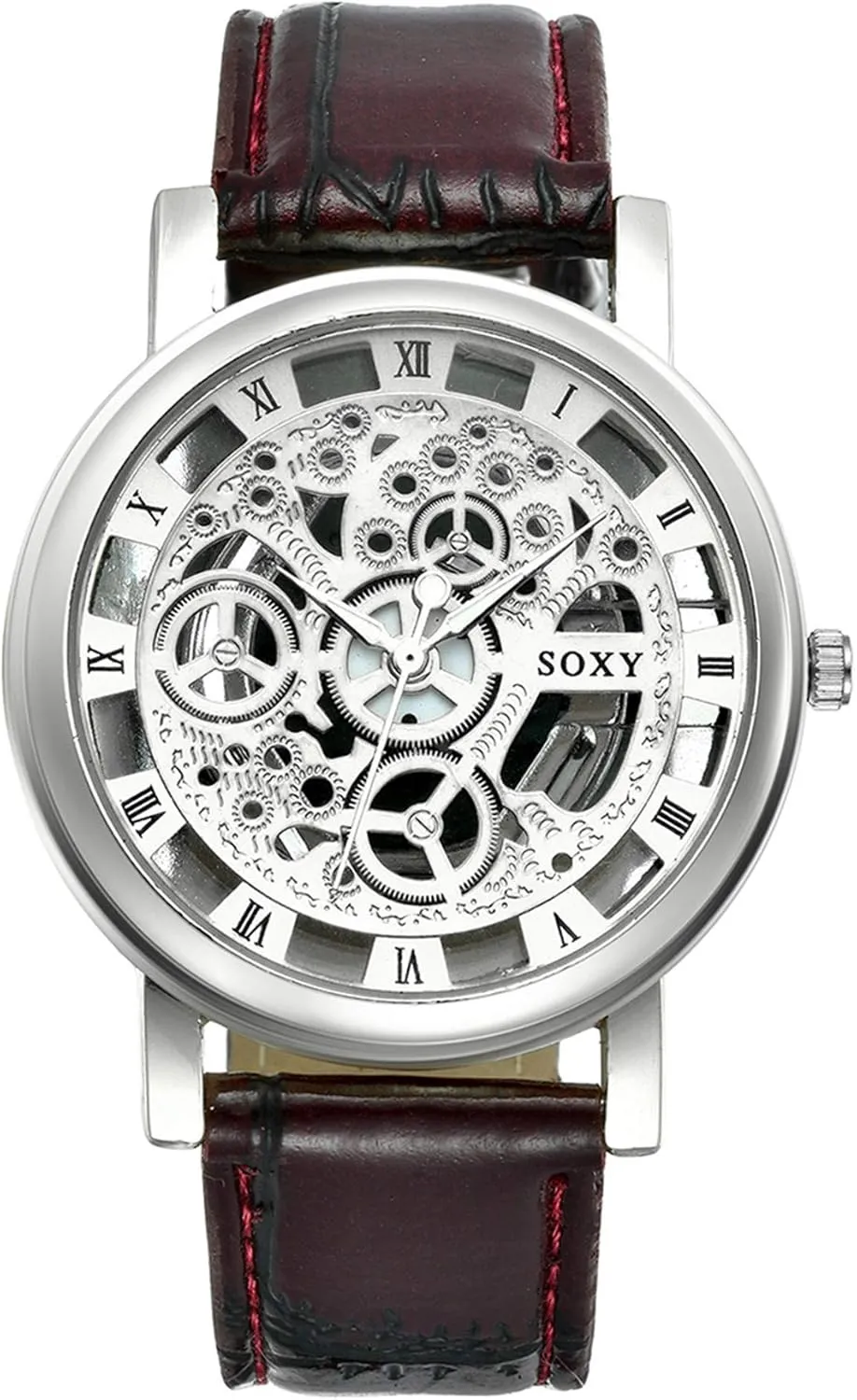 JewelryWe Mens Skeleton Analog Quartz Watch Black/Brown Leather Wristwatch