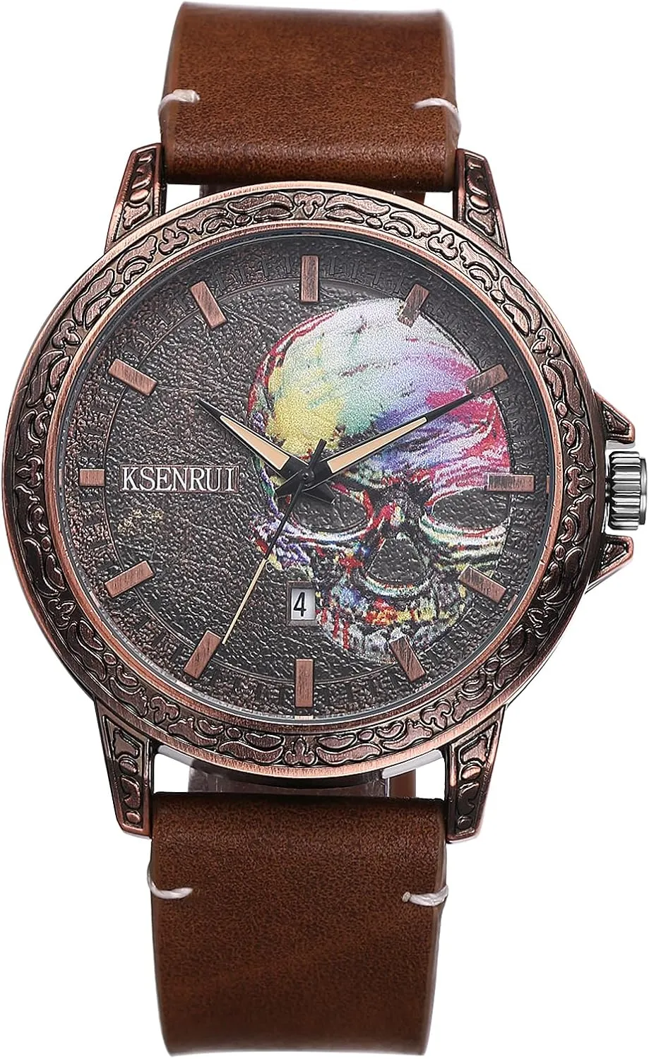 JewelryWe Punk Skull Leather Watches: Cool Round Analog Quartz Calendar Watch Mens Gothic Leather Wristwatch