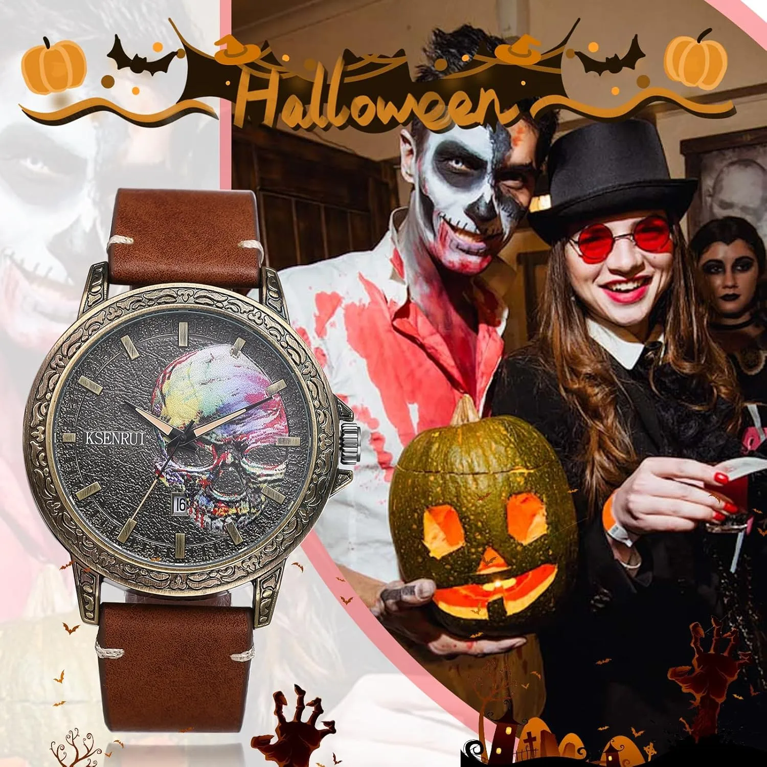 JewelryWe Punk Skull Leather Watches: Cool Round Analog Quartz Calendar Watch Mens Gothic Leather Wristwatch