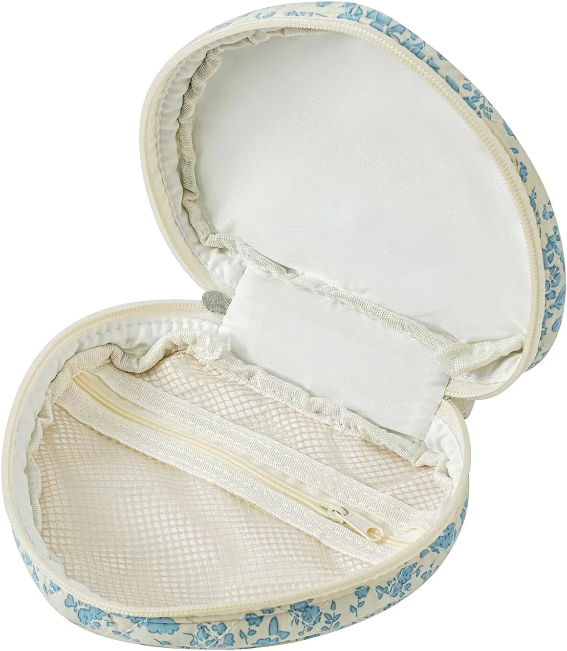JOVAKIT Heart Shaped Quilted Makeup Bag Travel Cosmetic Bag for Women, Floral Coquette Cotton Makeup Case Toiletry Zipper Make Up Pouch with Handle, Travel Storage Organizer Pouch (Blue Floral)