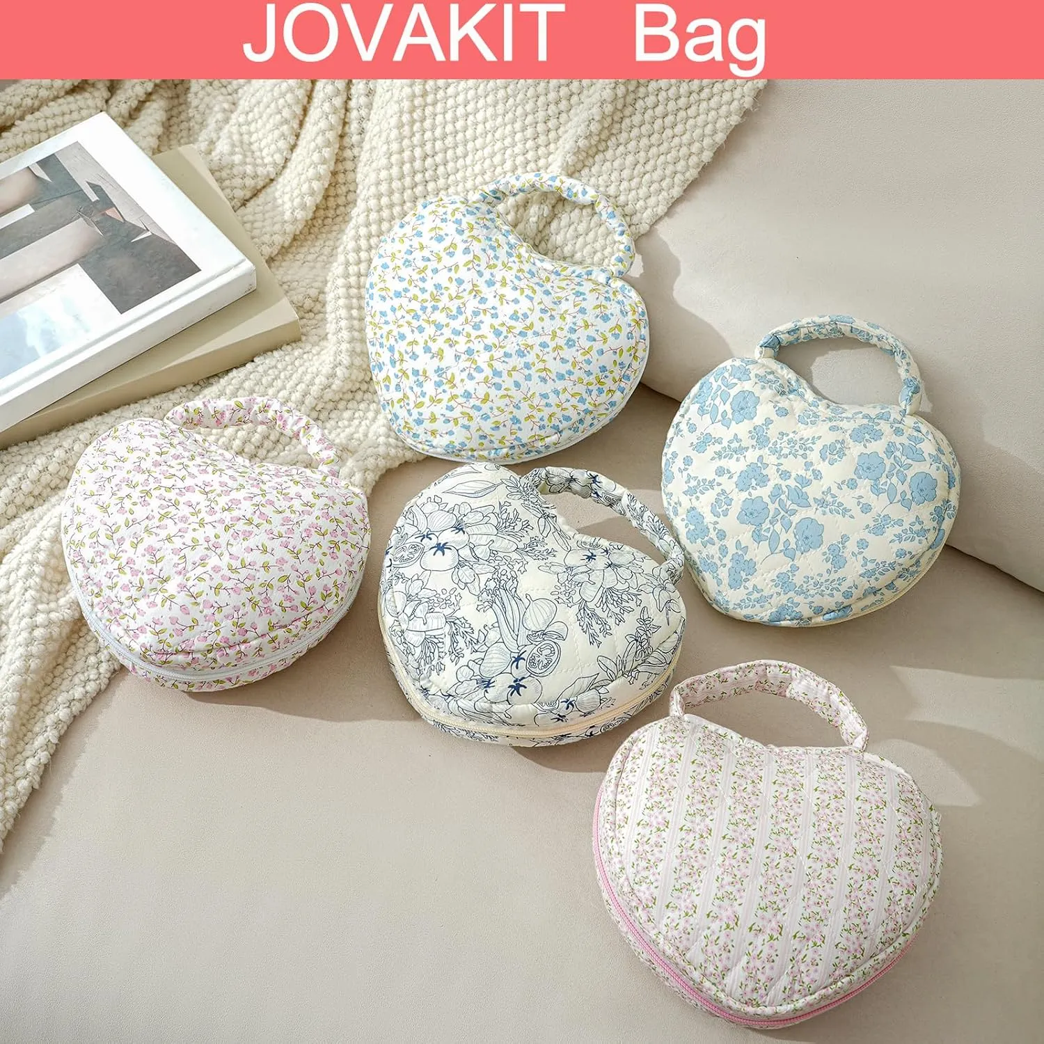 JOVAKIT Heart Shaped Quilted Makeup Bag Travel Cosmetic Bag for Women, Floral Coquette Cotton Makeup Case Toiletry Zipper Make Up Pouch with Handle, Travel Storage Organizer Pouch (Blue Floral)