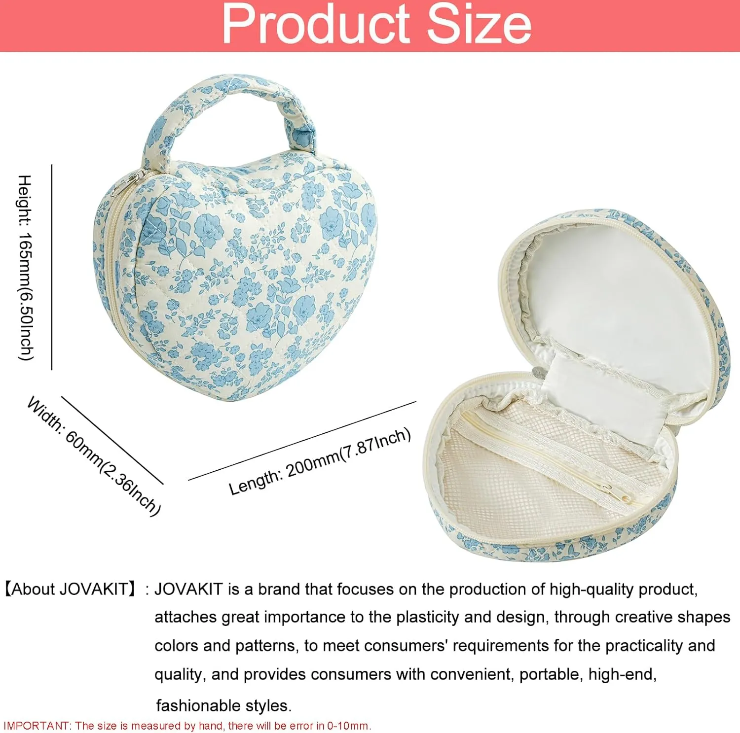 JOVAKIT Heart Shaped Quilted Makeup Bag Travel Cosmetic Bag for Women, Floral Coquette Cotton Makeup Case Toiletry Zipper Make Up Pouch with Handle, Travel Storage Organizer Pouch (Blue Floral)