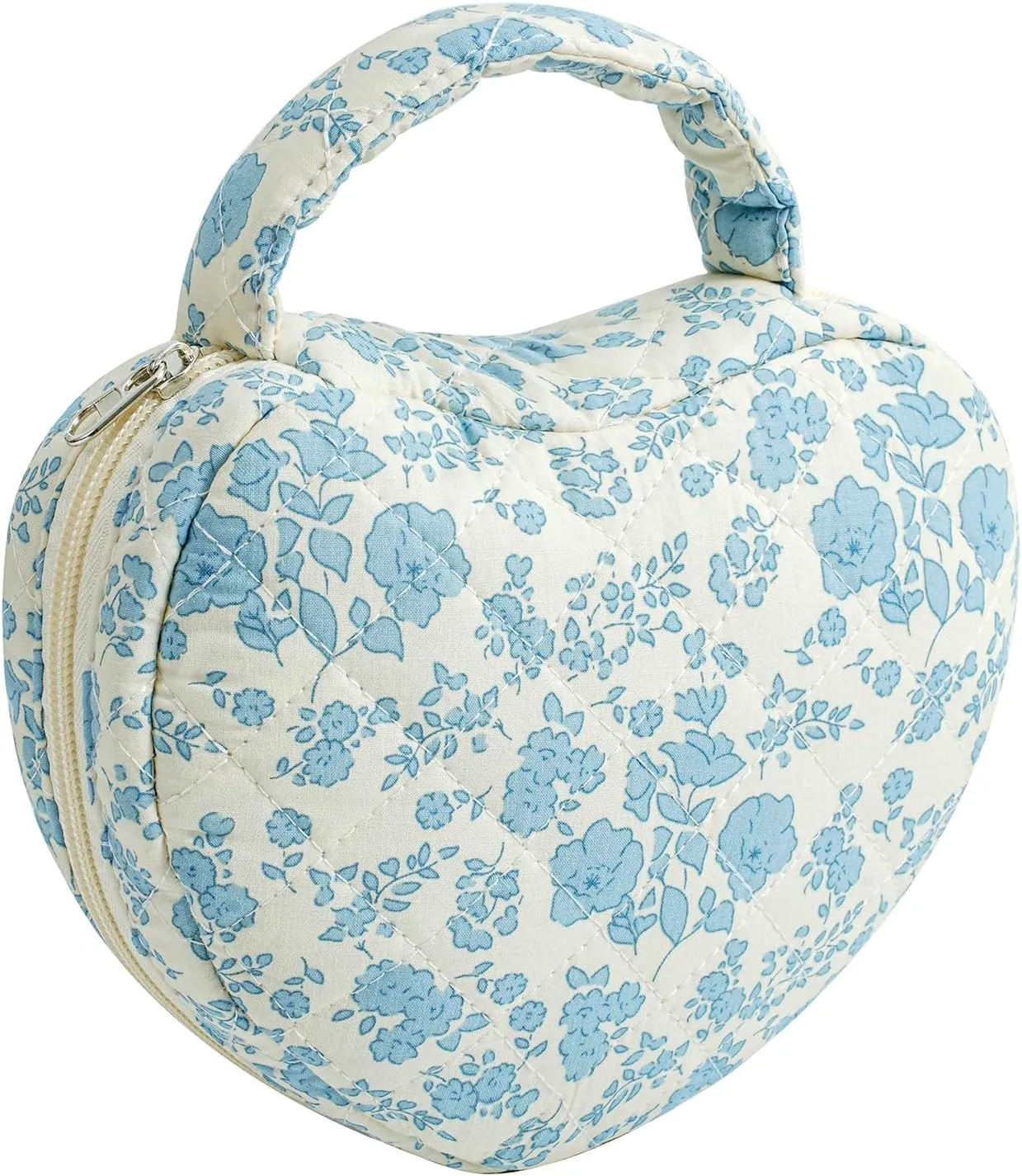 JOVAKIT Heart Shaped Quilted Makeup Bag Travel Cosmetic Bag for Women, Floral Coquette Cotton Makeup Case Toiletry Zipper Make Up Pouch with Handle, Travel Storage Organizer Pouch (Blue Floral)