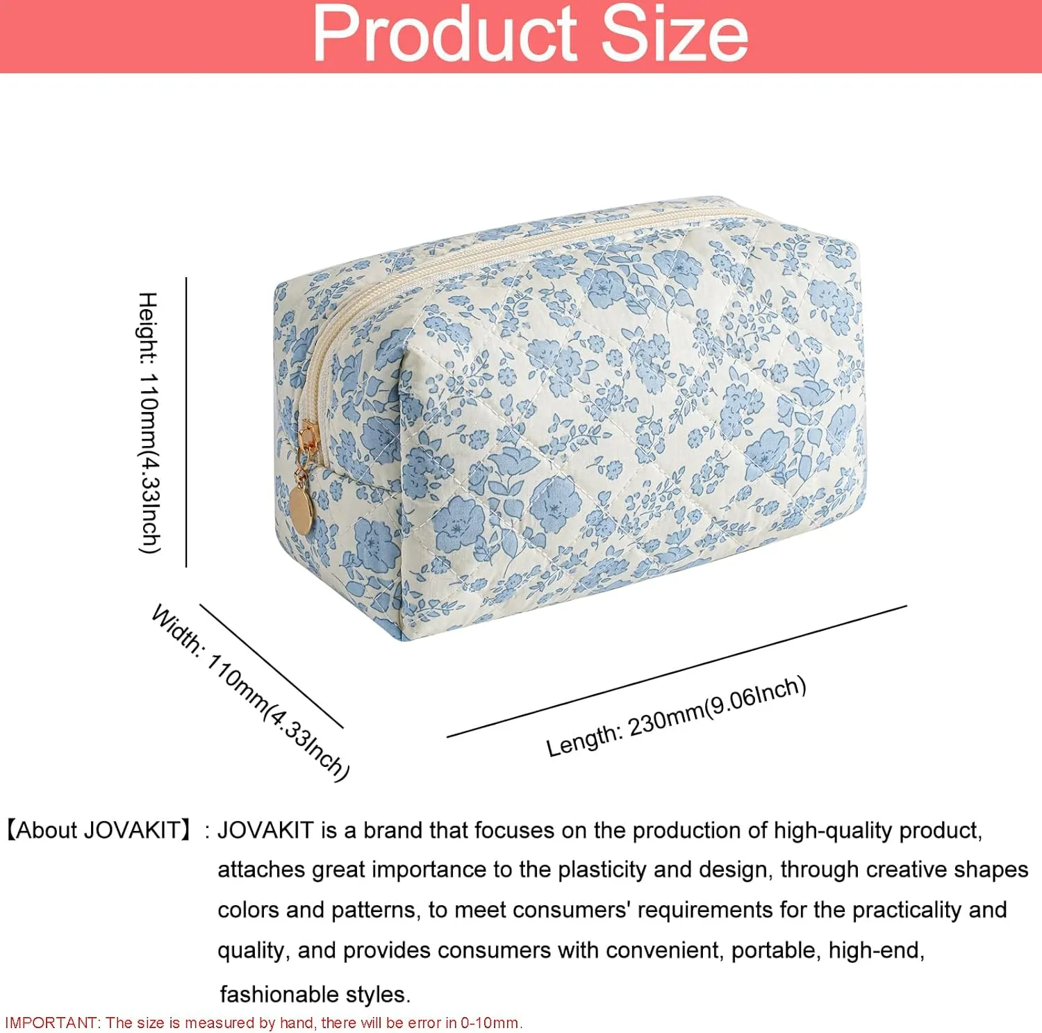 JOVAKIT Square Makeup Bag Cute Cosmetic Bag for Women, Floral Coquette Aesthetic Toiletry Bag, Zipper Make Up Pouch, Travel Make Up Organizer Bag (Blue Floral)