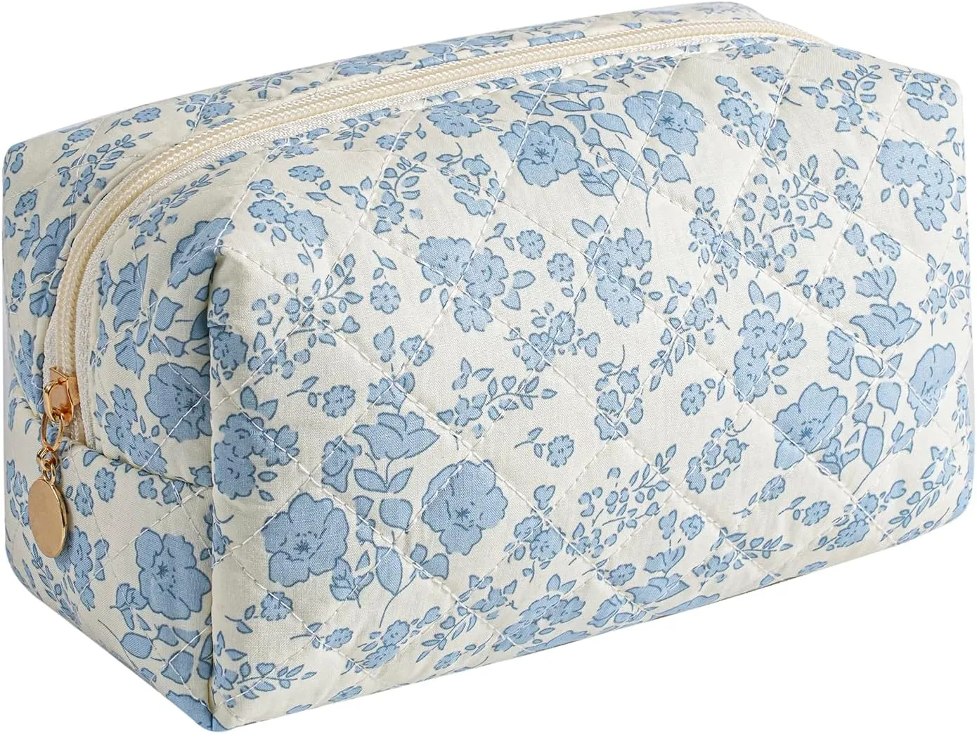 JOVAKIT Square Makeup Bag Cute Cosmetic Bag for Women, Floral Coquette Aesthetic Toiletry Bag, Zipper Make Up Pouch, Travel Make Up Organizer Bag (Blue Floral)
