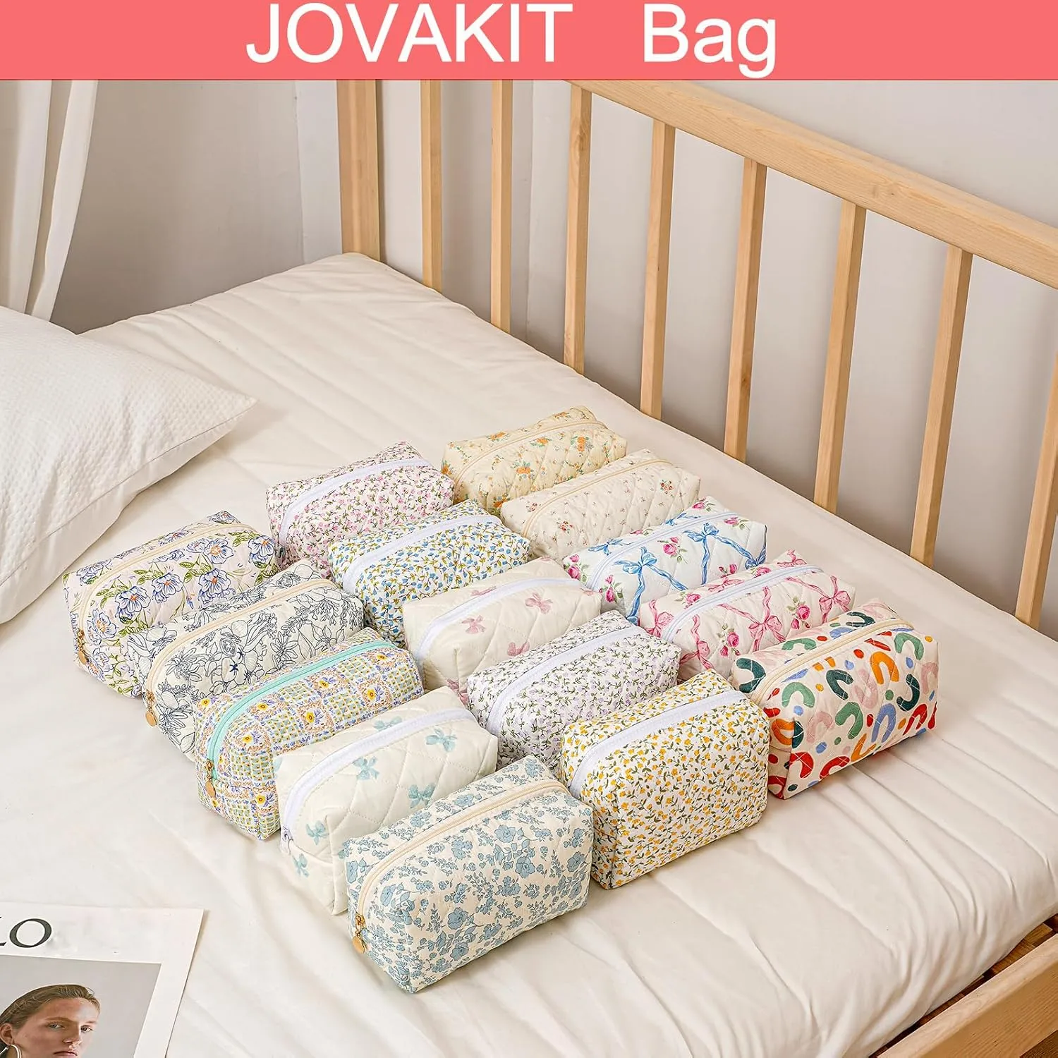 JOVAKIT Square Makeup Bag Cute Cosmetic Bag for Women, Floral Coquette Aesthetic Toiletry Bag, Zipper Make Up Pouch, Travel Make Up Organizer Bag (Blue Floral)