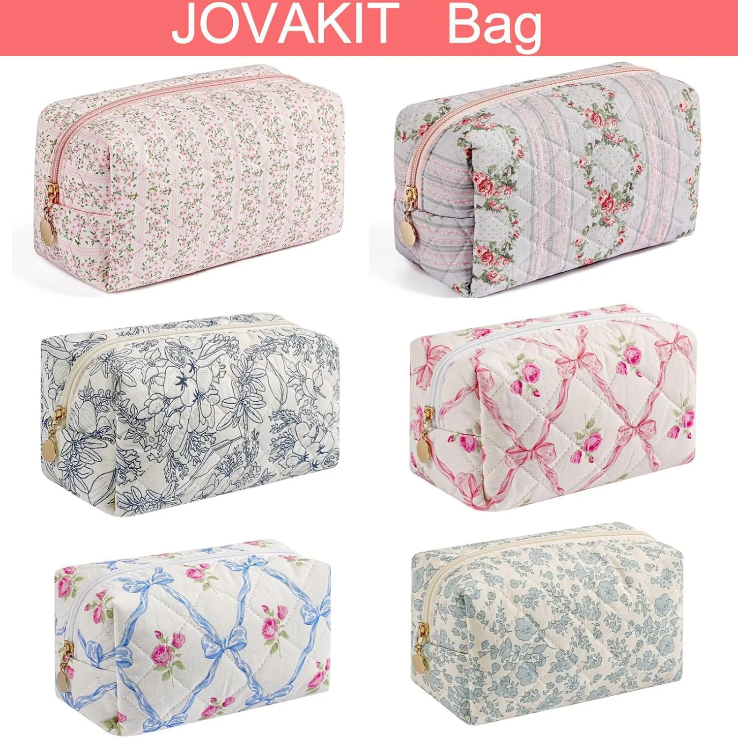 JOVAKIT Square Makeup Bag Cute Cosmetic Bag for Women, Floral Coquette Aesthetic Toiletry Bag, Zipper Make Up Pouch, Travel Make Up Organizer Bag (Blue Floral)