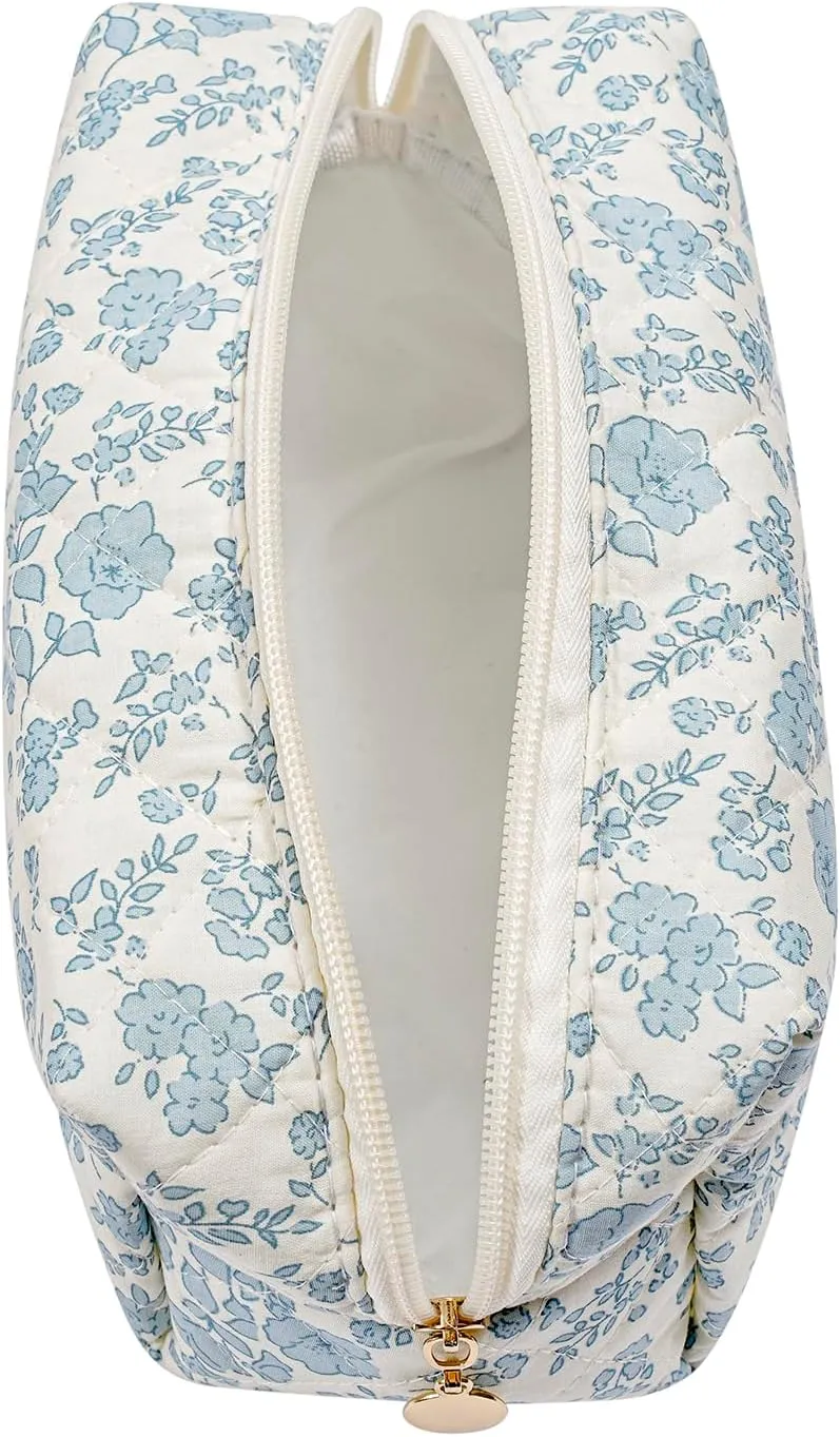 JOVAKIT Square Makeup Bag Cute Cosmetic Bag for Women, Floral Coquette Aesthetic Toiletry Bag, Zipper Make Up Pouch, Travel Make Up Organizer Bag (Blue Floral)