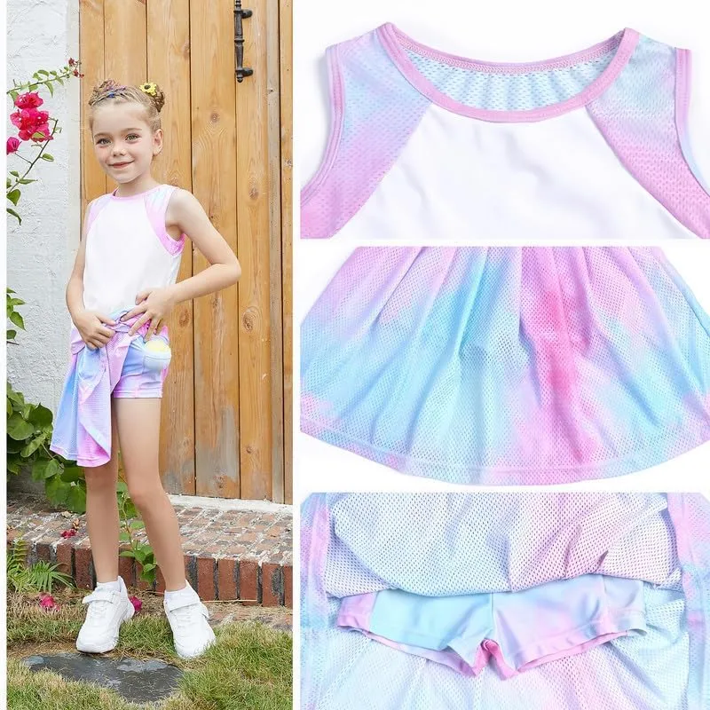 Jxstar Girls Tennis Golf Dress Outfit Tie Dye Tank Top and Skorts Sets Sport Skirt with Shorts