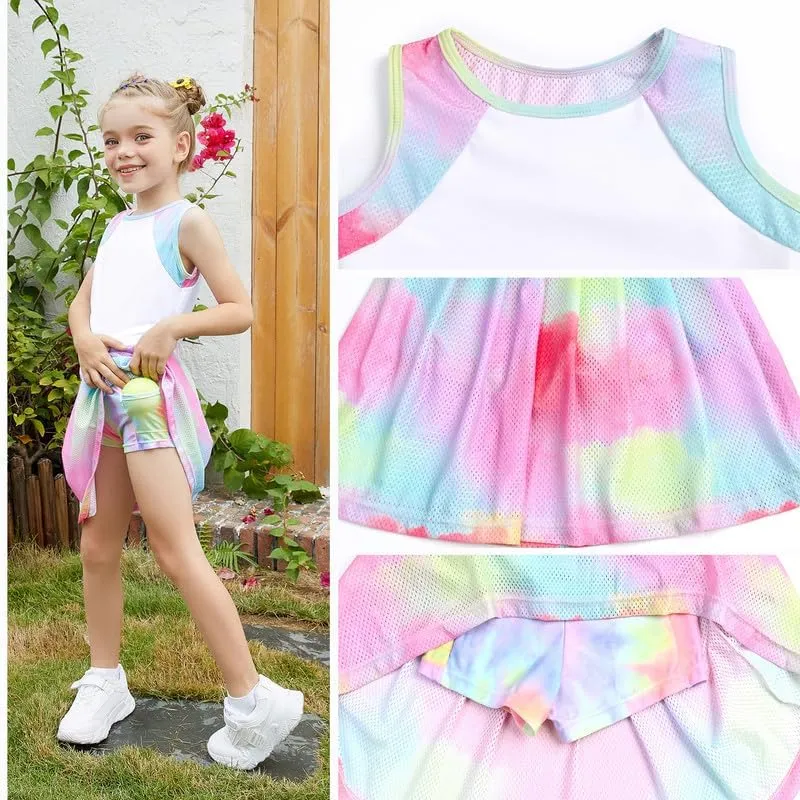 Jxstar Girls Tennis Golf Dress Outfit Tie Dye Tank Top and Skorts Sets Sport Skirt with Shorts