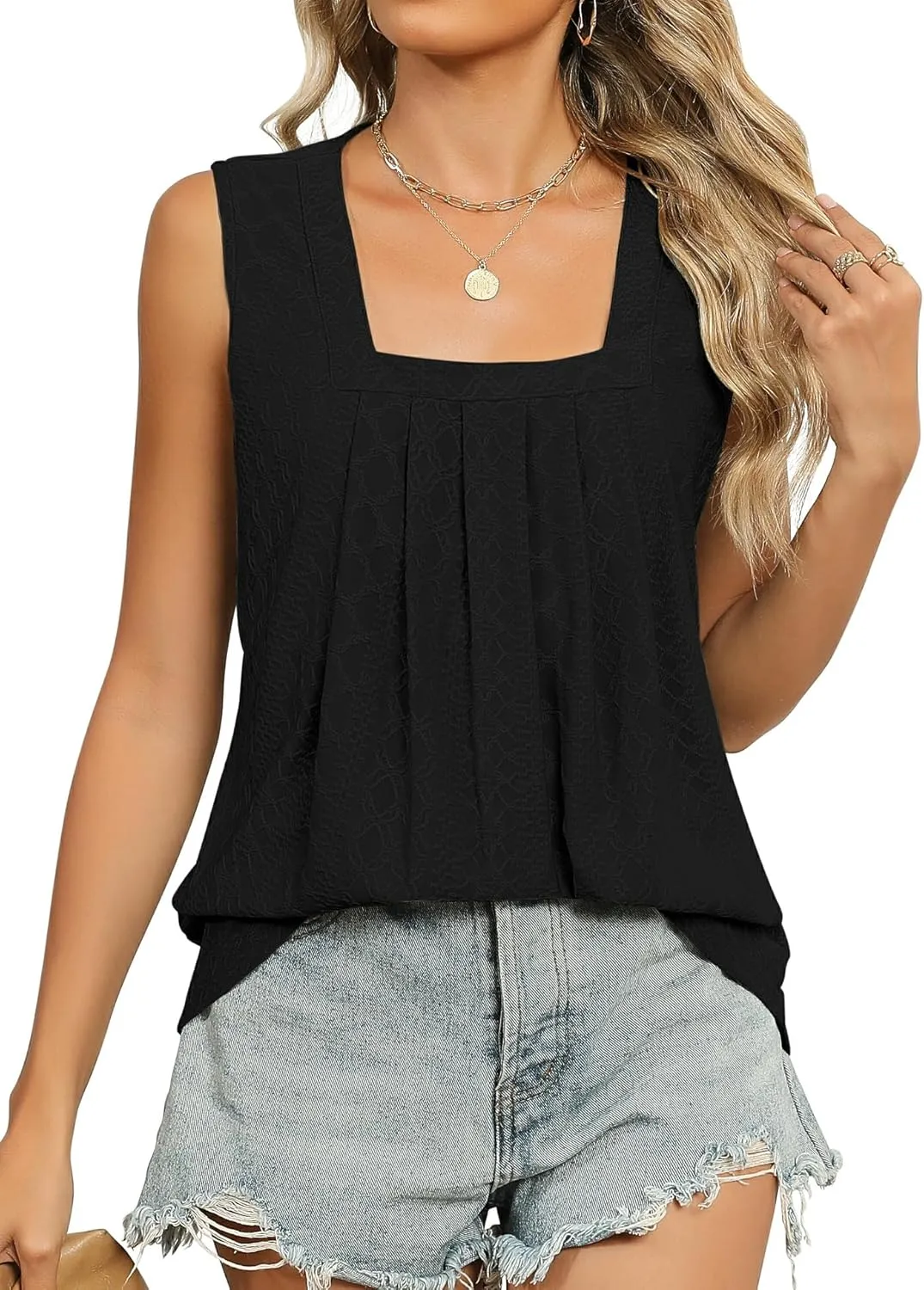KTILG Summer Sleeveless Square Neck Tops Flowy Pleated Tunic Tank Tops for Women Loose Fit S-3XL