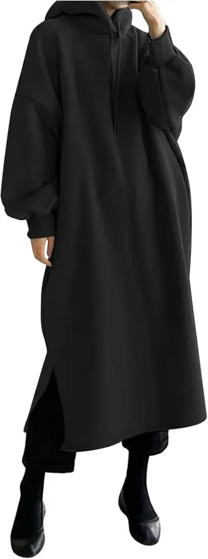 Kubbon Women's Pullover Hoodie Fleece Hooded Sweatshirt Maxi Dress Baggy Loose Long Sleeve Tops Plus Size Business Shirts