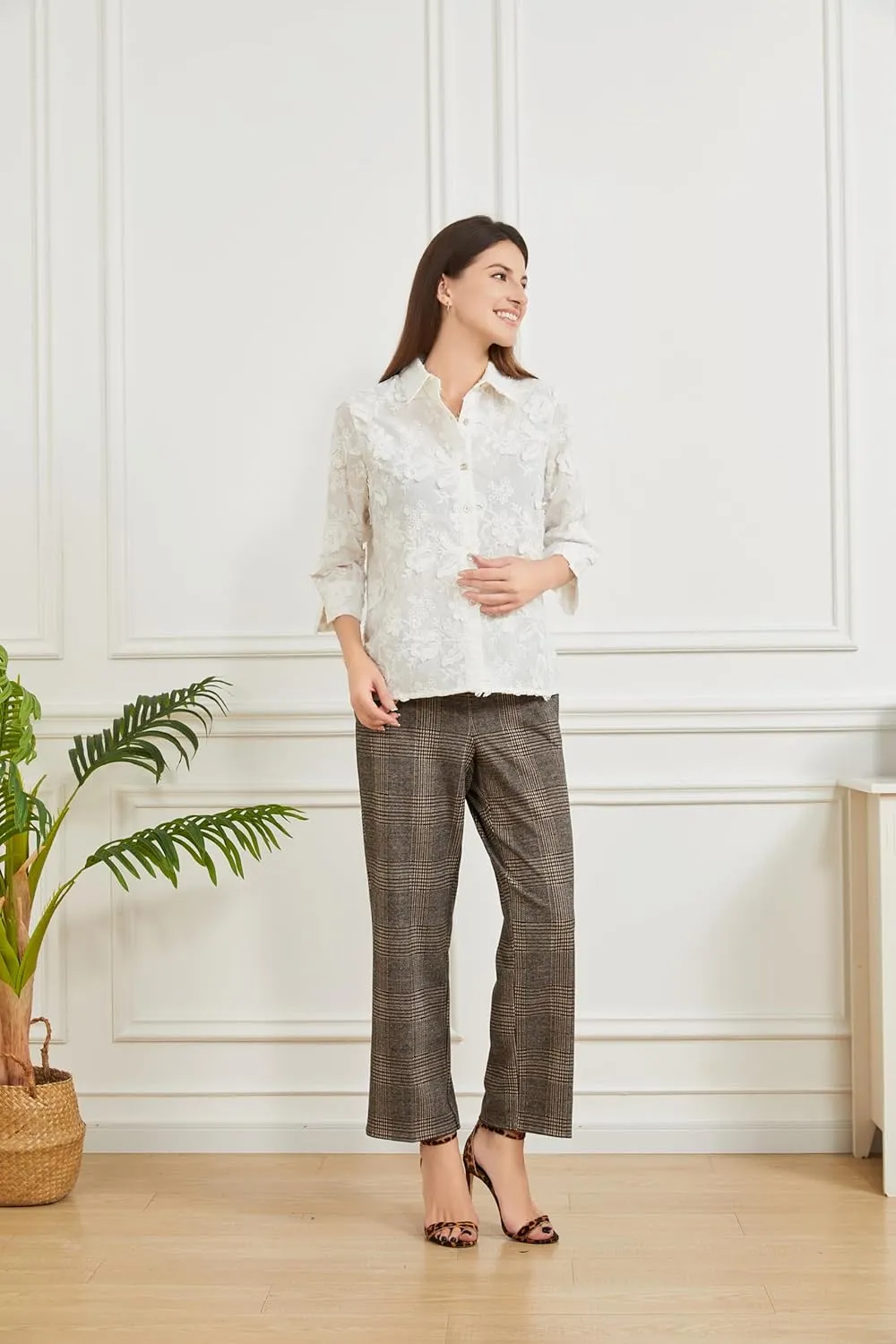 KYAL Women's High Waisted Stretchy Work Pants Straight Leg Business Office Trousers