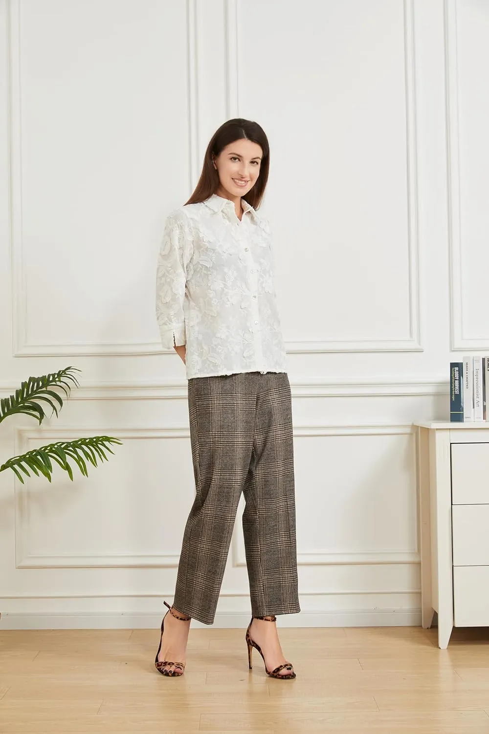 KYAL Women's High Waisted Stretchy Work Pants Straight Leg Business Office Trousers