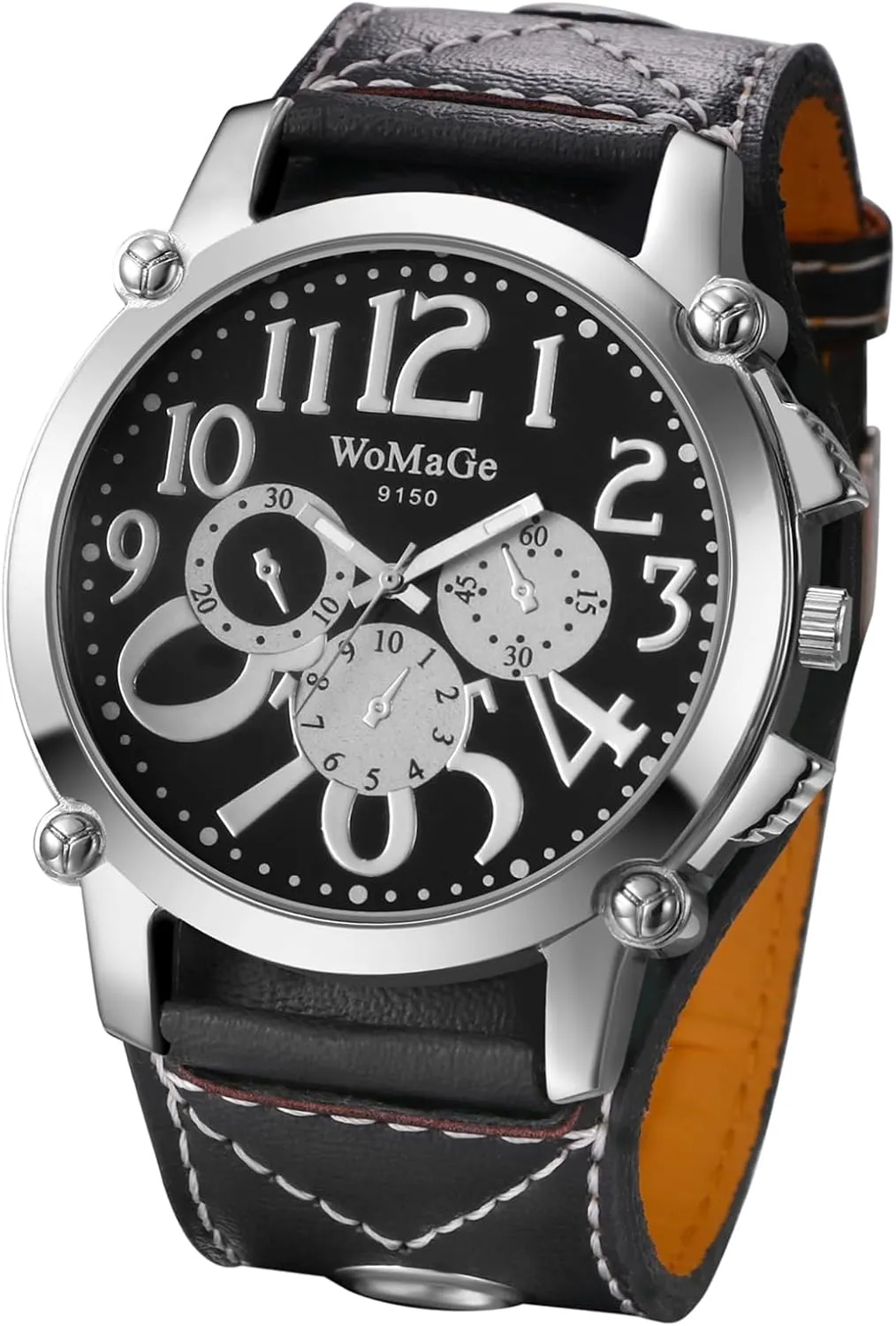 Lancardo Men Leather Cuff Watch: Large Dial Analog Quartz Black Wide Strap Steampunk Motorcycle Black Wristwatch Luminous Hands