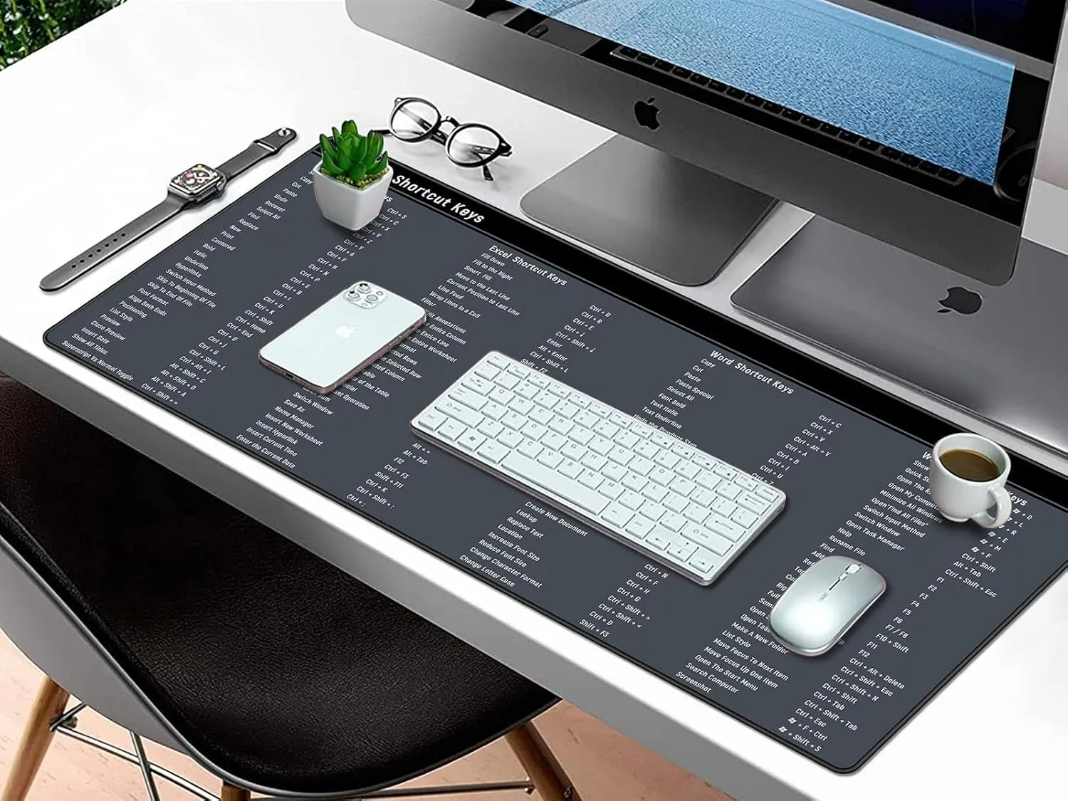 Large Gaming Mouse Pad, Excel Shortcuts Desk Mat Pad, Anti-Slip Keyboard Pad with Multifunctional, Comfortable XXL Mousepad for MacBook, Laptop, Gaming PC, Office Desk Accessories - Grey