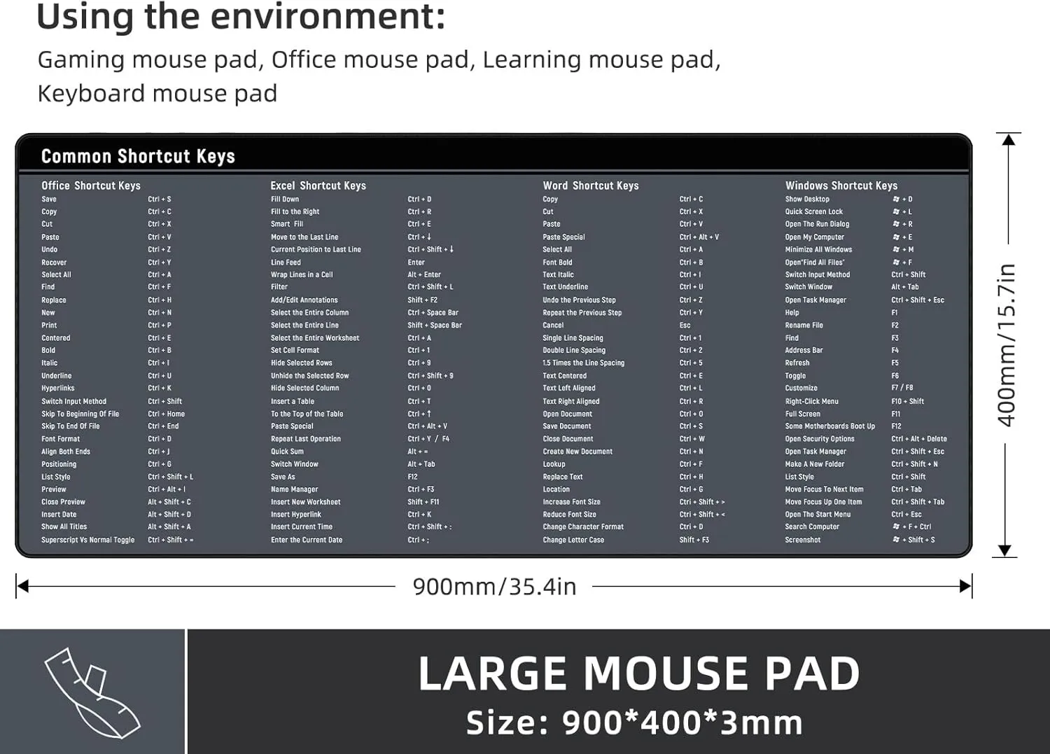 Large Gaming Mouse Pad, Excel Shortcuts Desk Mat Pad, Anti-Slip Keyboard Pad with Multifunctional, Comfortable XXL Mousepad for MacBook, Laptop, Gaming PC, Office Desk Accessories - Grey