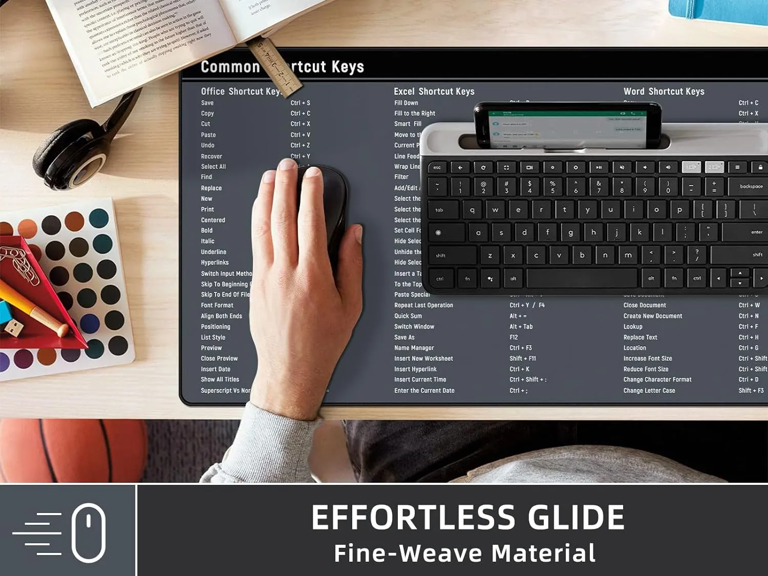 Large Gaming Mouse Pad, Excel Shortcuts Desk Mat Pad, Anti-Slip Keyboard Pad with Multifunctional, Comfortable XXL Mousepad for MacBook, Laptop, Gaming PC, Office Desk Accessories - Grey