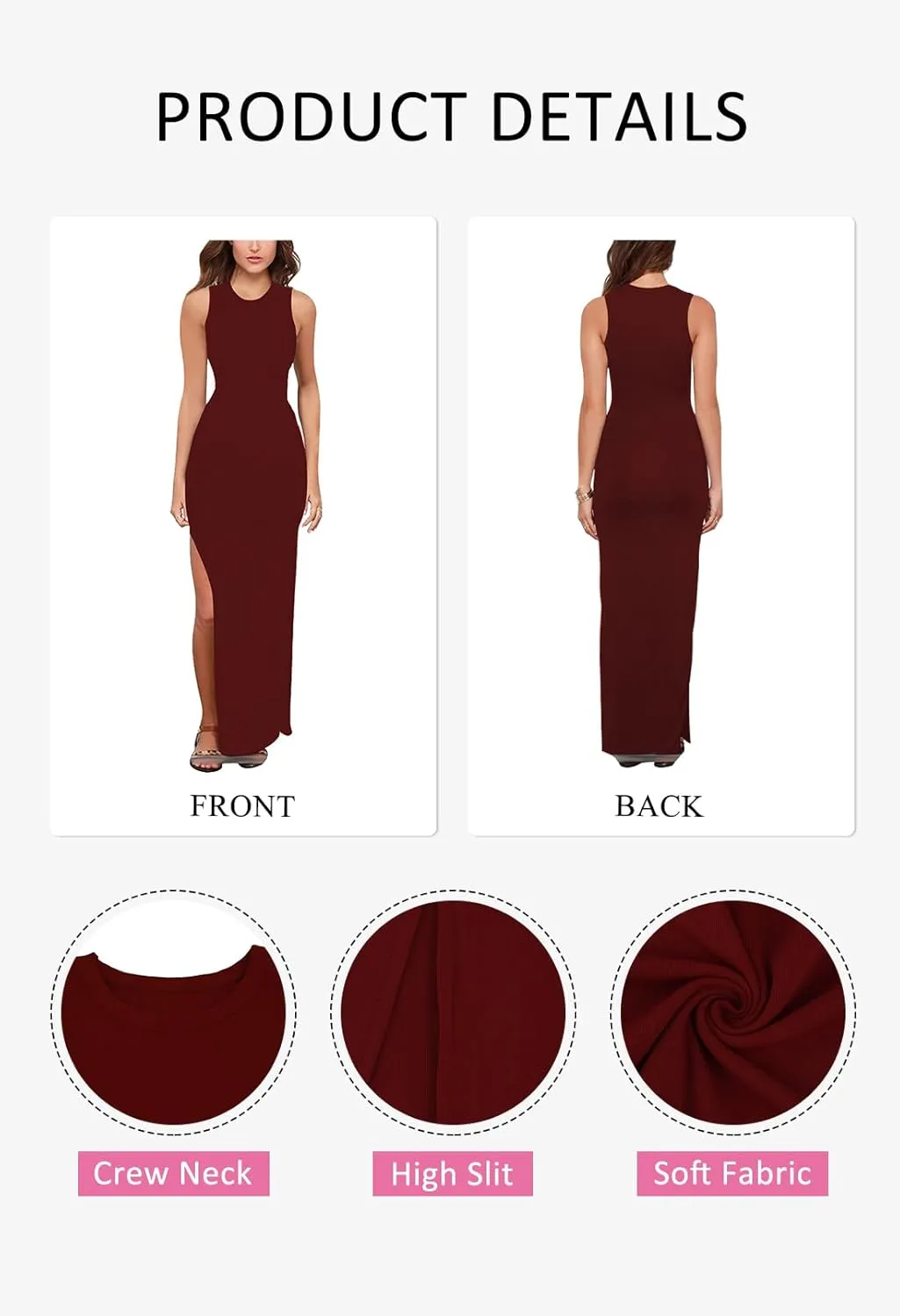 LaSuiveur Women's Sleeveless High Slit Bodycon Causal Dress Summer Beach Party Vacation Tank Maxi Dresses