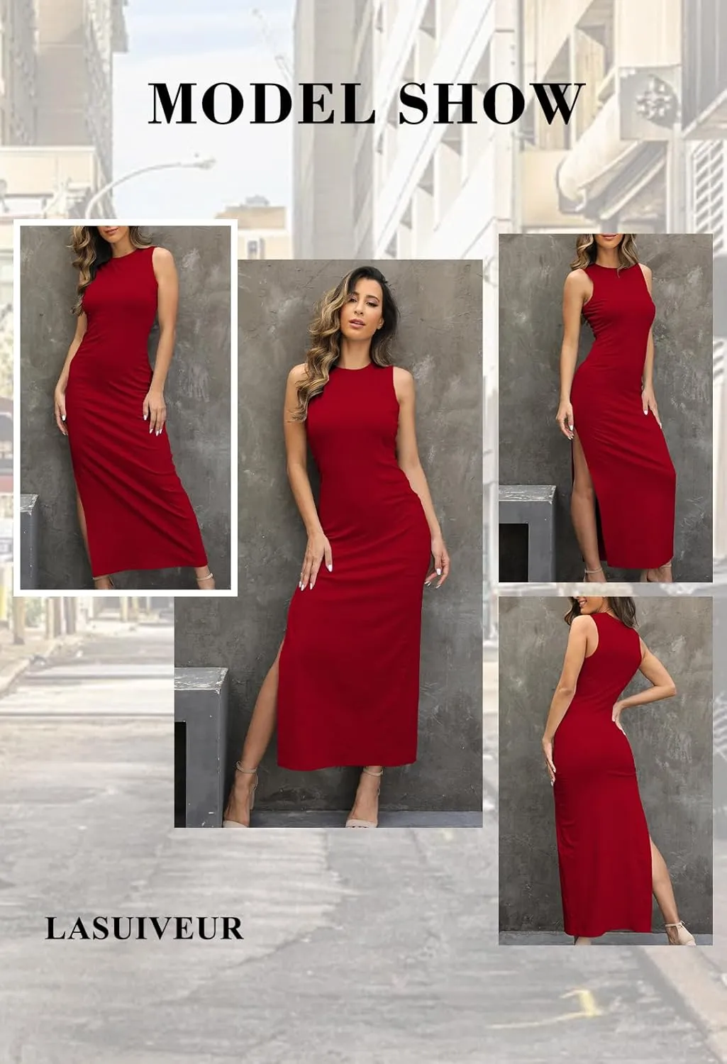 LaSuiveur Women's Sleeveless High Slit Bodycon Causal Dress Summer Beach Party Vacation Tank Maxi Dresses