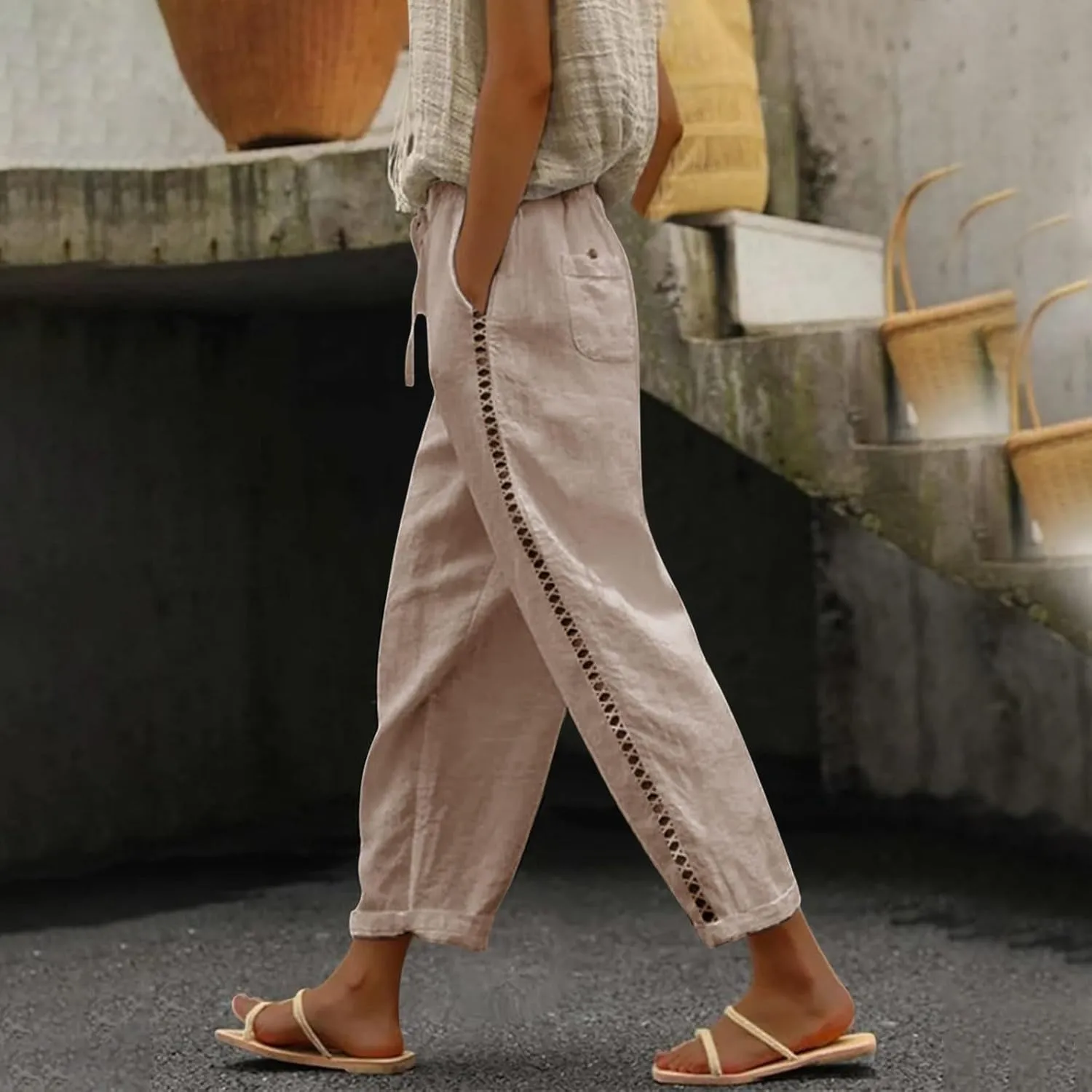 LCMTWX Loose Linen Pants for Women 2025 Pants with Pockets Wide Leg Cropped Pants for Women Capri Pants 2025 Pants with