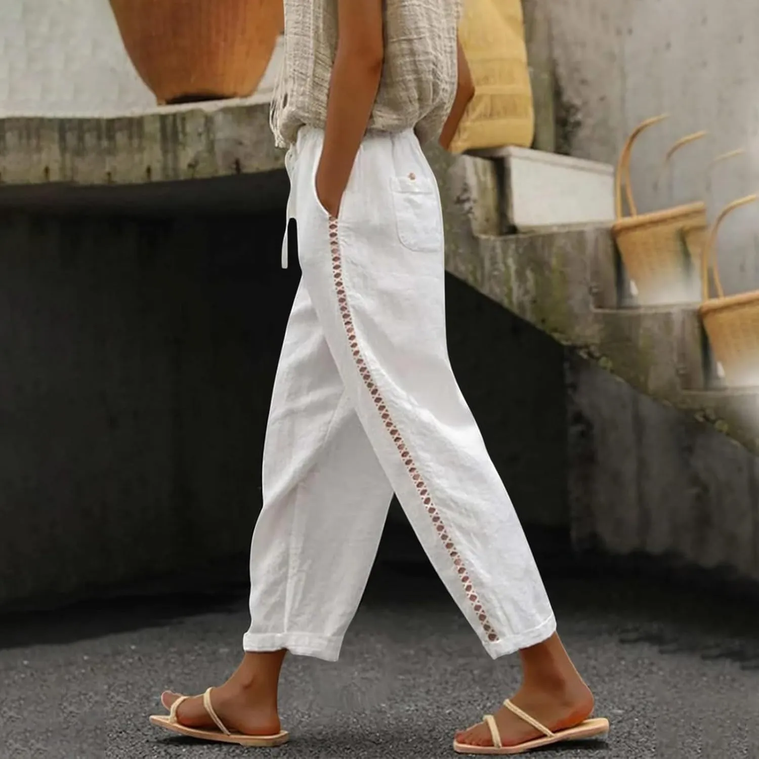 LCMTWX Loose Linen Pants for Women 2025 Pants with Pockets Wide Leg Cropped Pants for Women Capri Pants 2025 Pants with