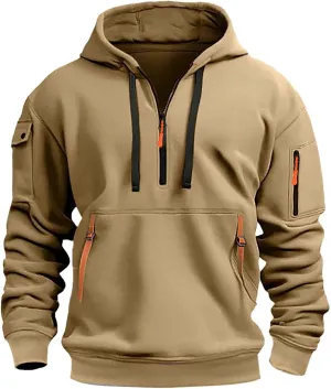 LCMTWX Mens Sweatshirts Hoodies Vintage Long Sleeve Hoodie Half Zipper Hooded Sweatshirt Top Workwear Multi Pocket Outdoor