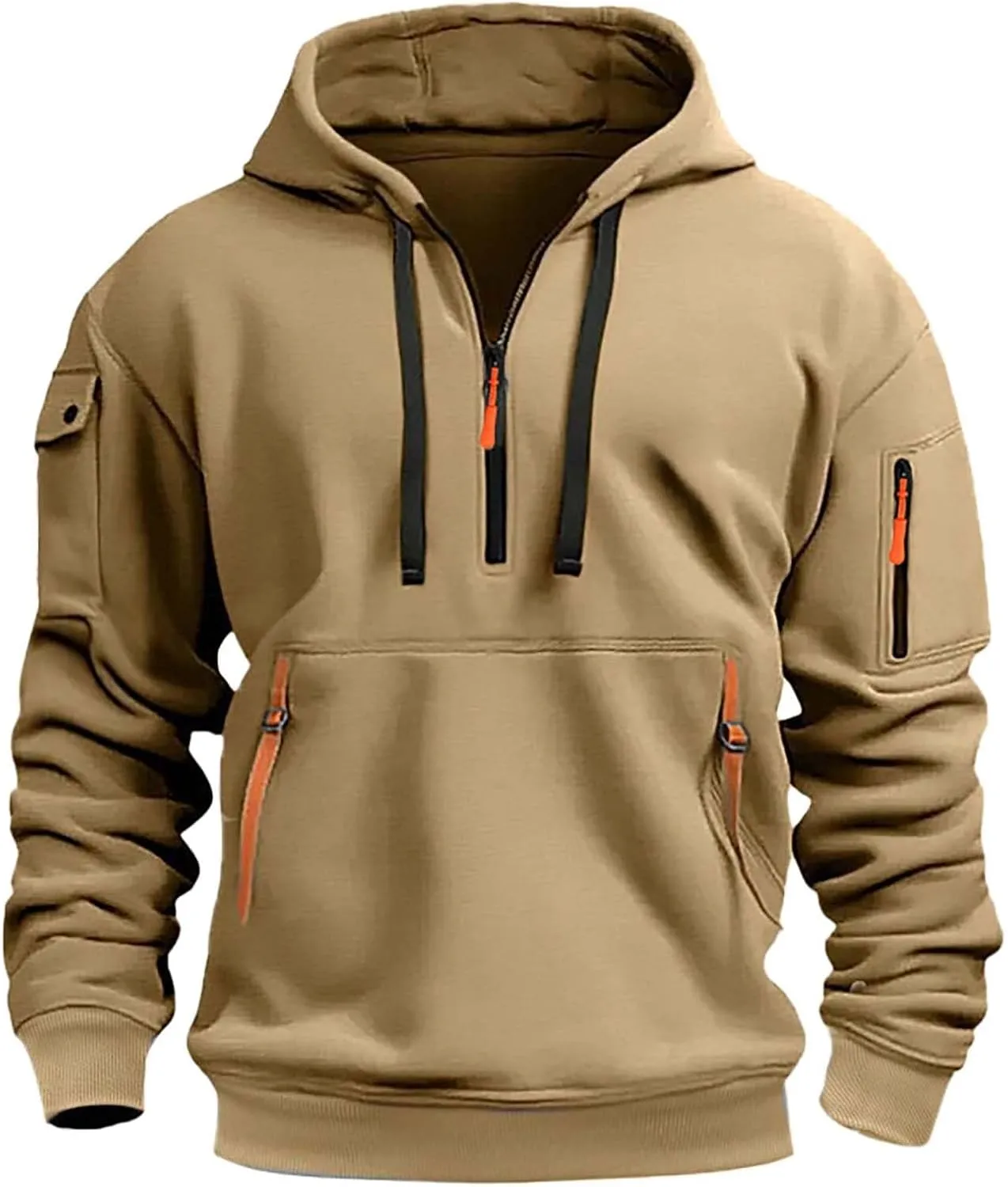 LCMTWX Mens Sweatshirts Hoodies Vintage Long Sleeve Hoodie Half Zipper Hooded Sweatshirt Top Workwear Multi Pocket Outdoor