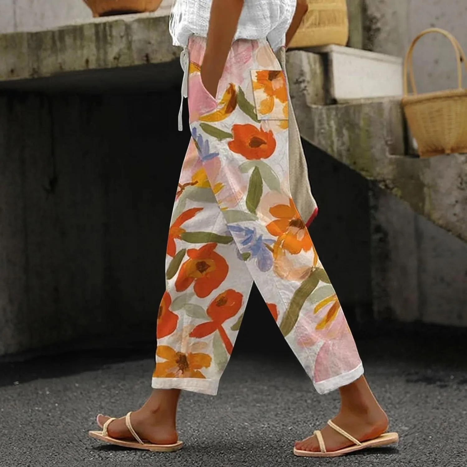 LCMTWX Vacation Linen Outfits for Women Pants Capri Pants 2025 Pants with Pockets Wide Leg Cropped Pants Trousers Pants for