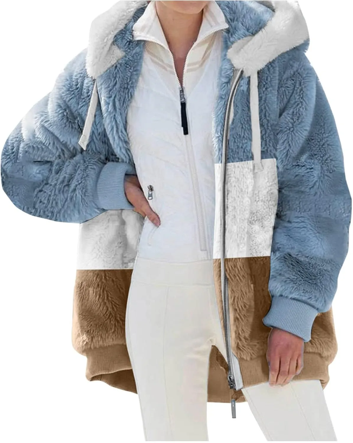 LCMTWX Womens Winter Fuzzy Fleece Jacket Color Artificial Wool Zipper Drawstring Long-Sleeved Hoodie Sweater Coat Hooded