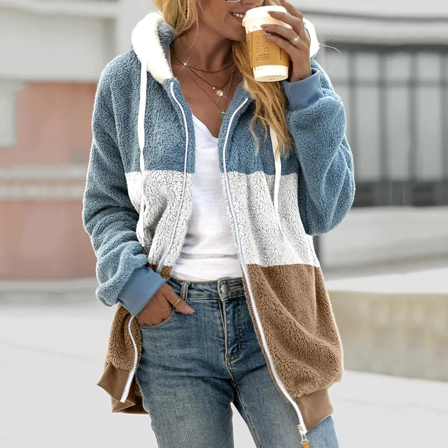 LCMTWX Womens Winter Fuzzy Fleece Jacket Color Artificial Wool Zipper Drawstring Long-Sleeved Hoodie Sweater Coat Hooded