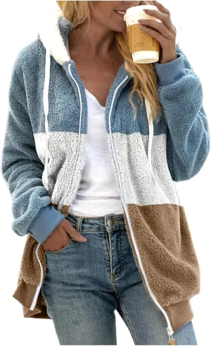 LCMTWX Womens Winter Fuzzy Fleece Jacket Color Artificial Wool Zipper Drawstring Long-Sleeved Hoodie Sweater Coat Hooded