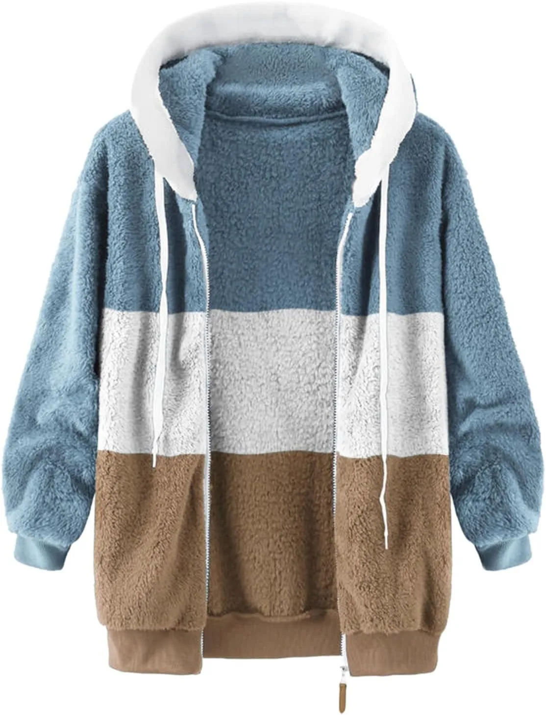 LCMTWX Womens Winter Fuzzy Fleece Jacket Color Artificial Wool Zipper Drawstring Long-Sleeved Hoodie Sweater Coat Hooded