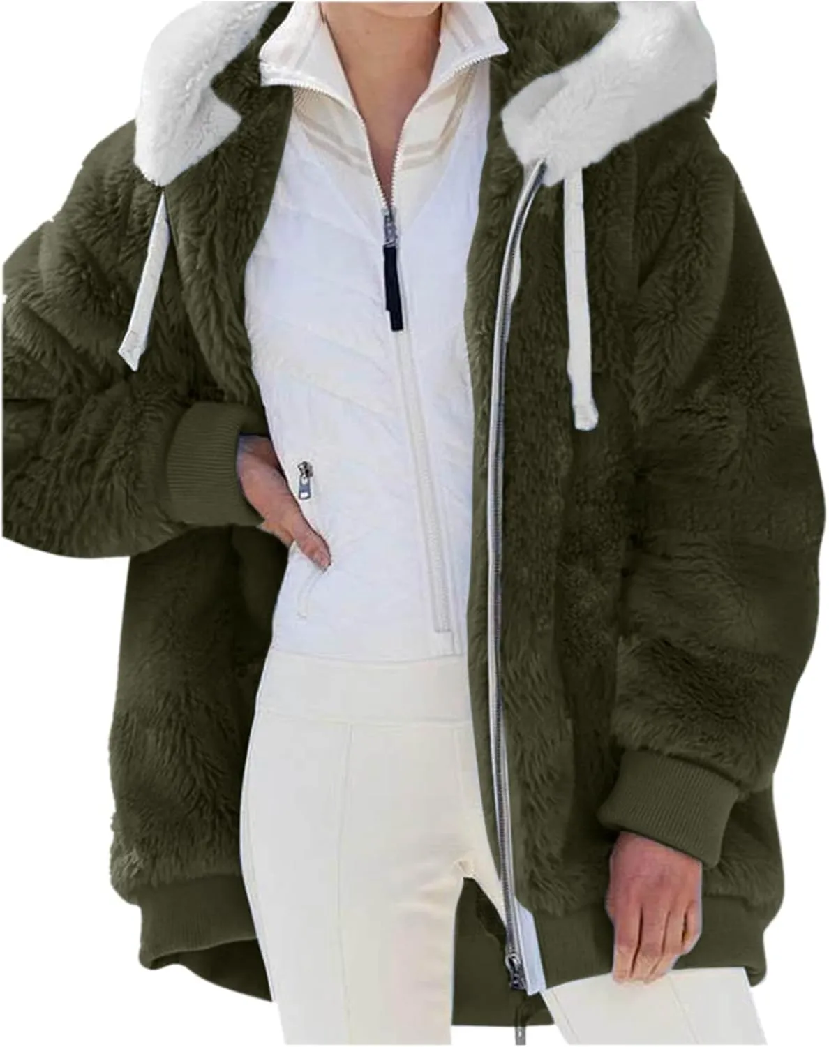 LCMTWX Womens Winter Jacket Coats Solid Color Artificial Wool Zipper Drawstring Long-Sleeved Thermal Sweatshirt Outerwear