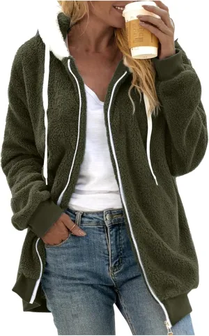 LCMTWX Womens Winter Jacket Coats Solid Color Artificial Wool Zipper Drawstring Long-Sleeved Thermal Sweatshirt Outerwear
