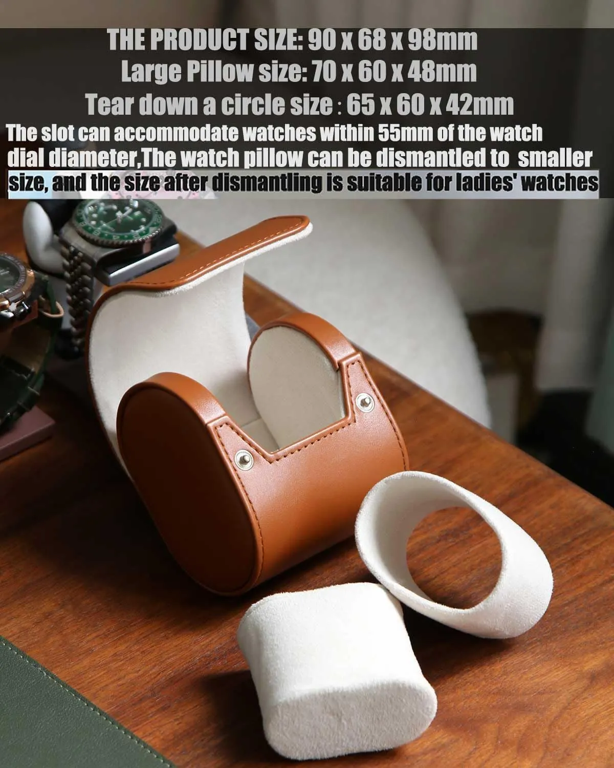Leather Watch Case, Variable Size Pillow Design, Portable Storage Box with Faux Suede Fabric Lining for Men and Women