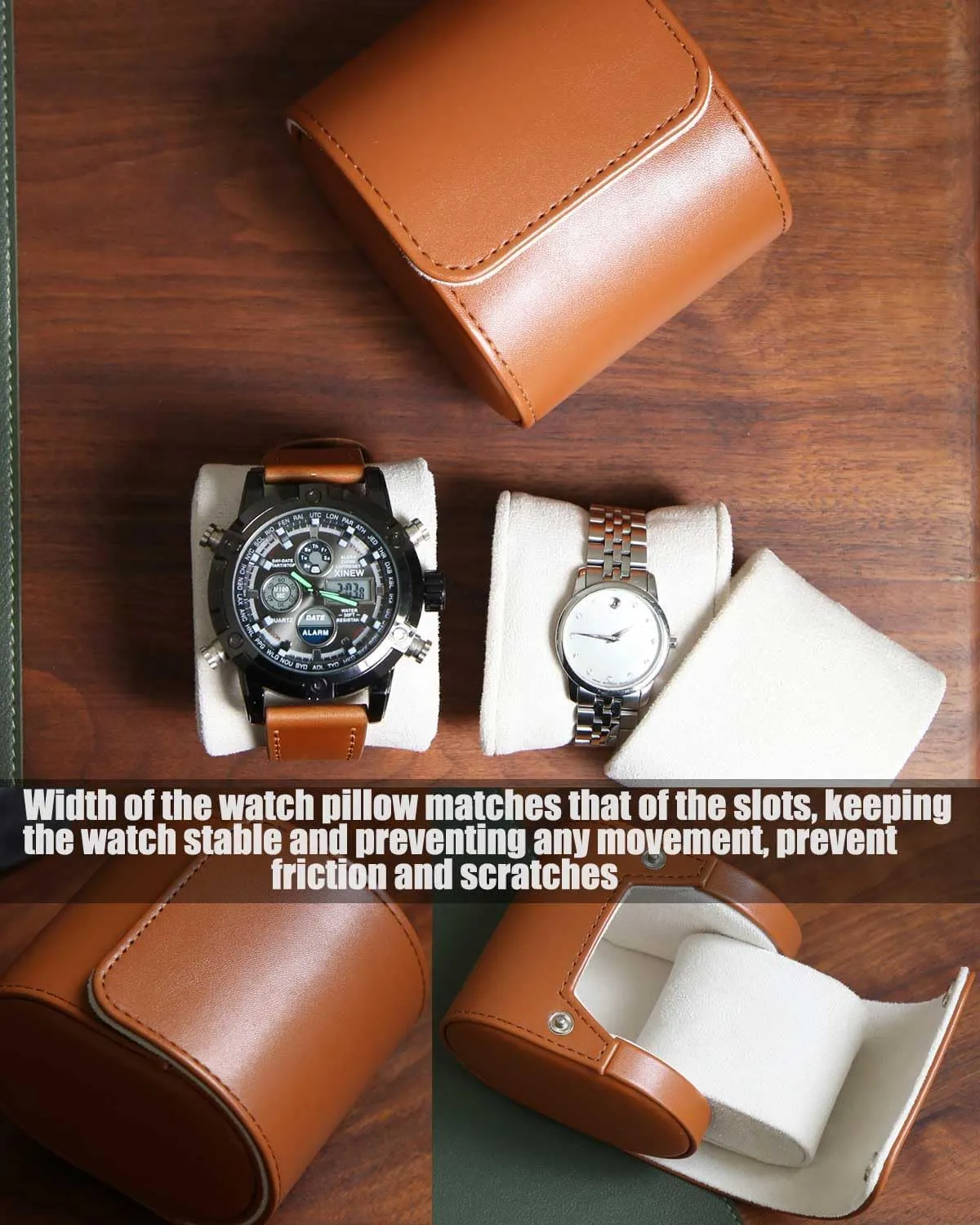Leather Watch Case, Variable Size Pillow Design, Portable Storage Box with Faux Suede Fabric Lining for Men and Women