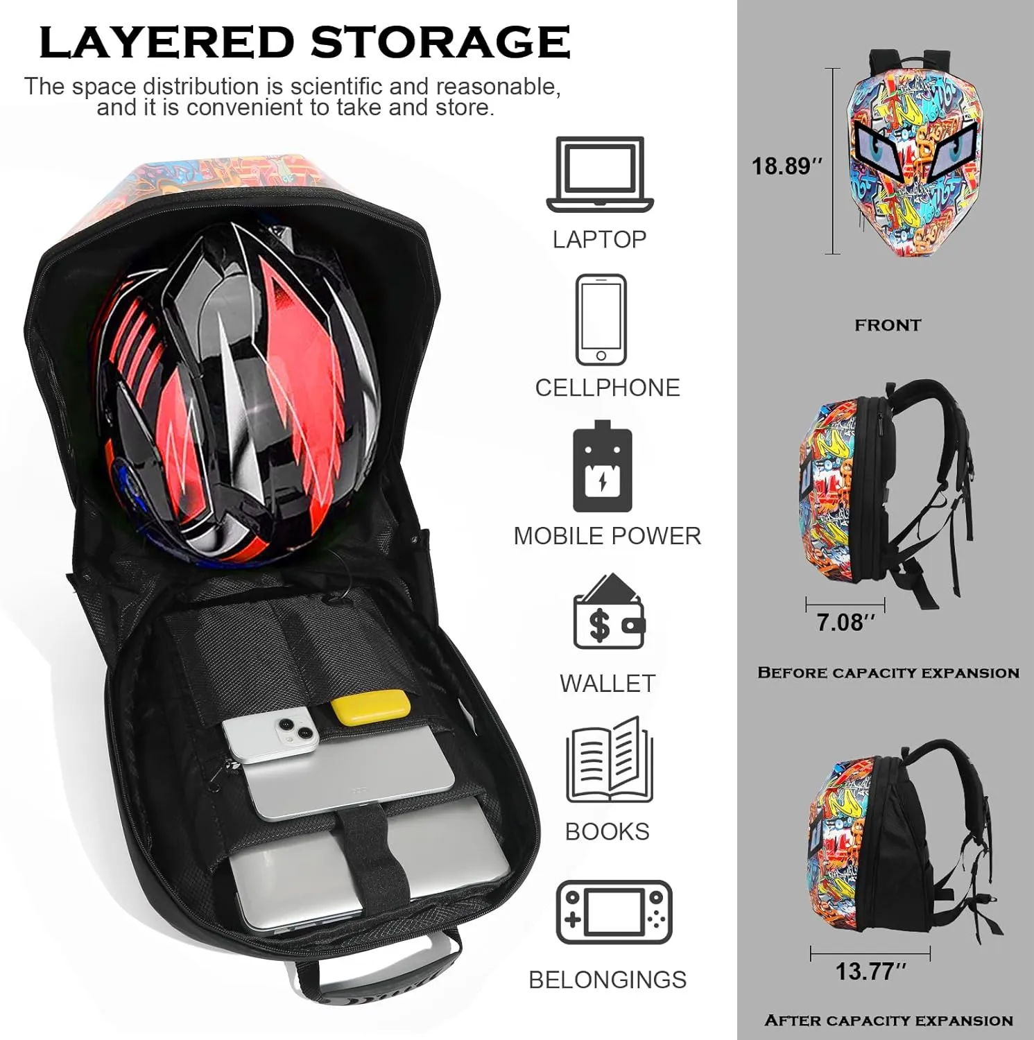 LED Backpack Laptop Bag Motorcycle Riding bag, Hard Shell LED Motorbike Luggage Bags High-Capacity Helmet, Waterproof Backpack With Programmable Screen