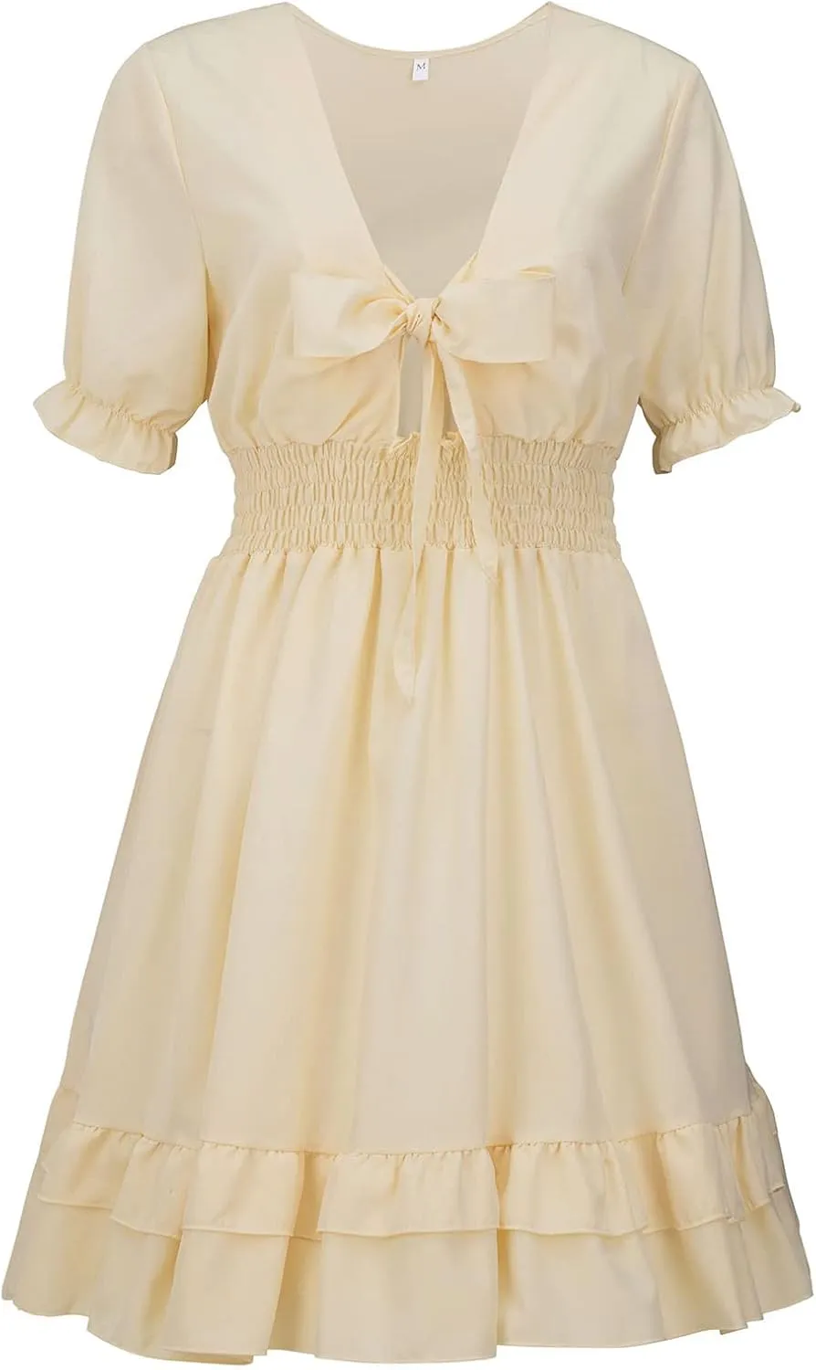 LFEOOST Tie Front Dress for Women Sexy Casual Deep V Neck Short Sleeve Pleated Elastic Waist Layered Ruffle Swing Mini Dress