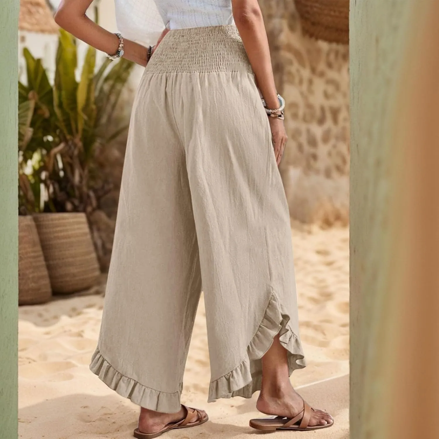 Linen Casual Pants for Women Summer Flowy Palazzo Pants Dressy High Waist Smocked Ruffle Hem Classic Pockets Trousers