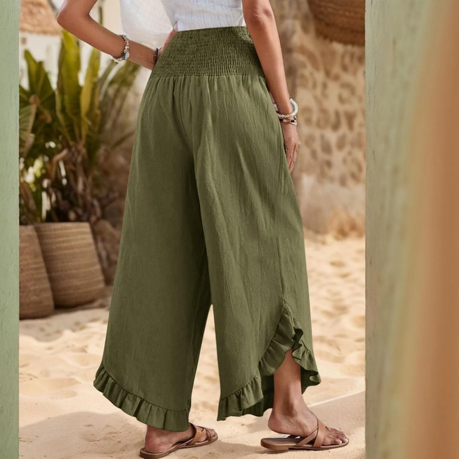 Linen Casual Pants for Women Summer Flowy Palazzo Pants Dressy High Waist Smocked Ruffle Hem Classic Pockets Trousers